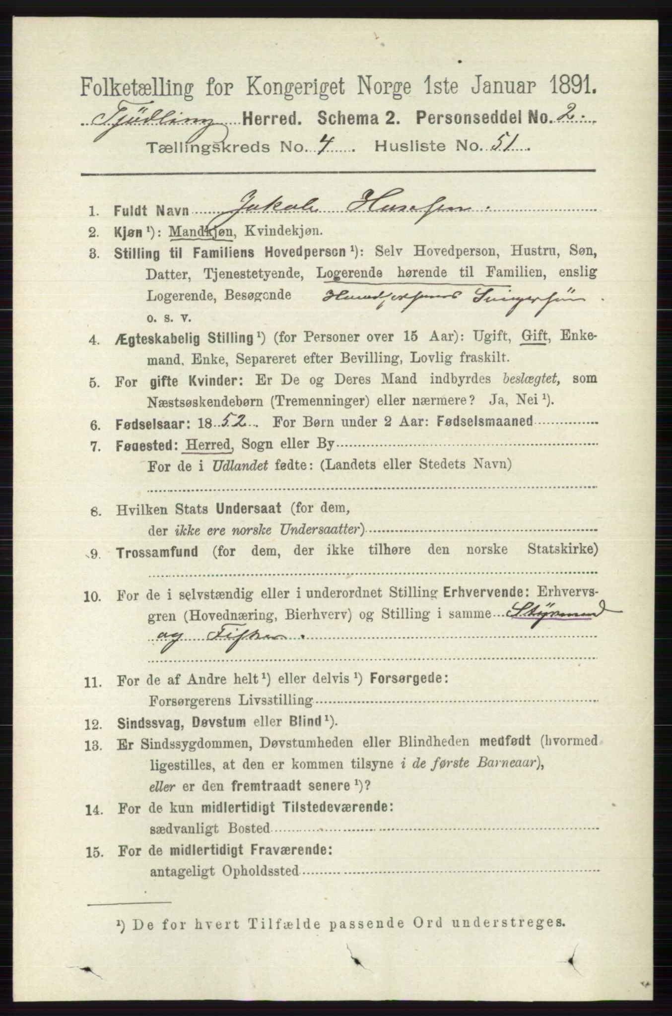 RA, 1891 census for 0725 Tjølling, 1891, p. 1736