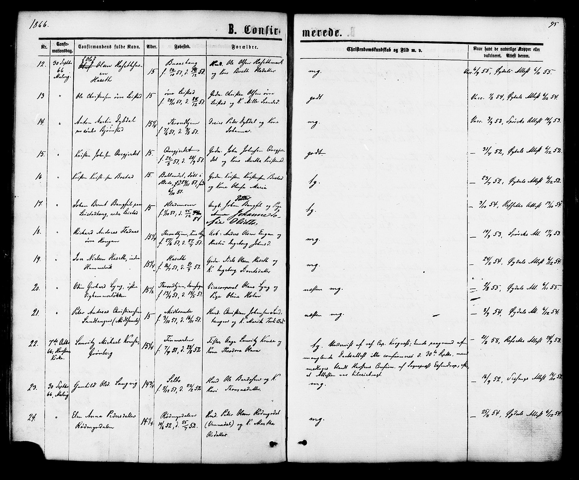Ministerialprotokoller, klokkerbøker og fødselsregistre - Sør-Trøndelag, SAT/A-1456/616/L0409: Parish register (official) no. 616A06, 1865-1877, p. 95