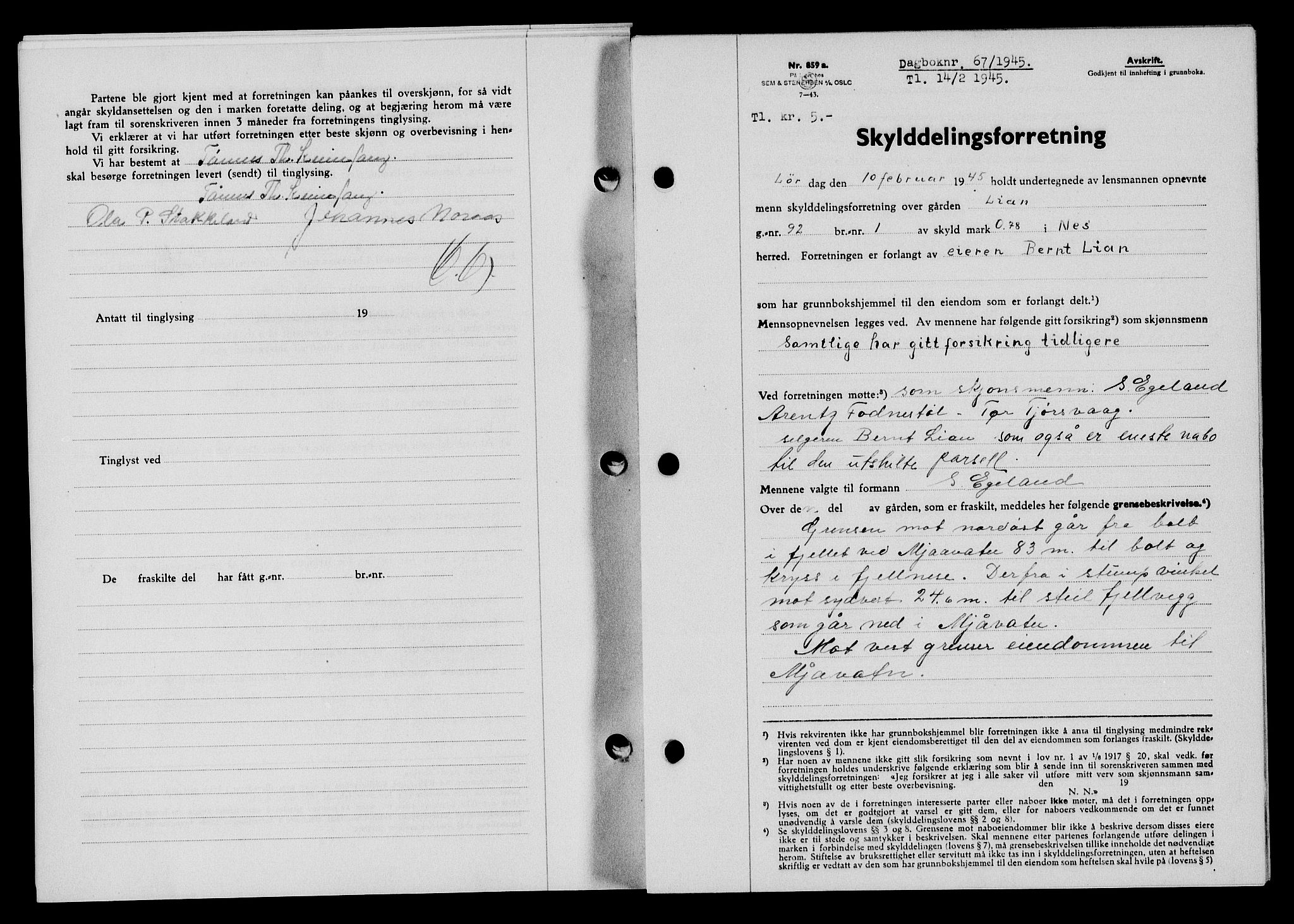 Flekkefjord sorenskriveri, SAK/1221-0001/G/Gb/Gba/L0059: Mortgage book no. A-7, 1944-1945, Diary no: : 67/1945