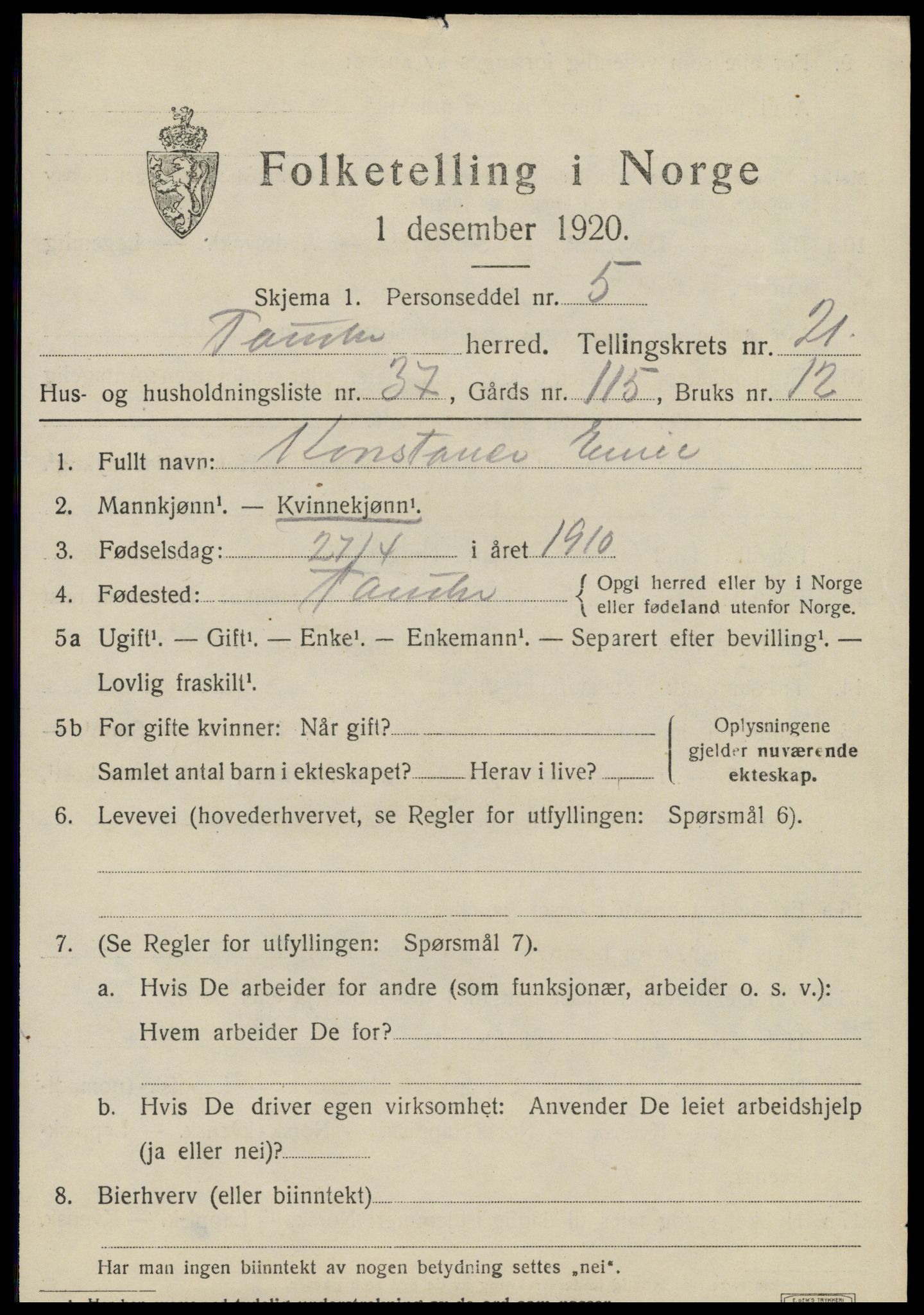 SAT, 1920 census for Fauske, 1920, p. 13488