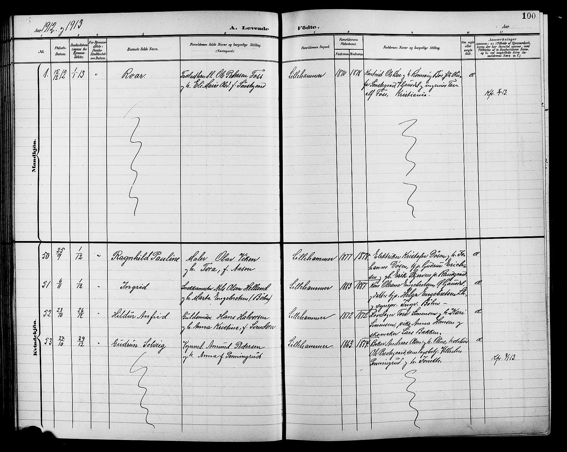 Lillehammer prestekontor, SAH/PREST-088/H/Ha/Hab/L0001: Parish register (copy) no. 1, 1901-1913, p. 100