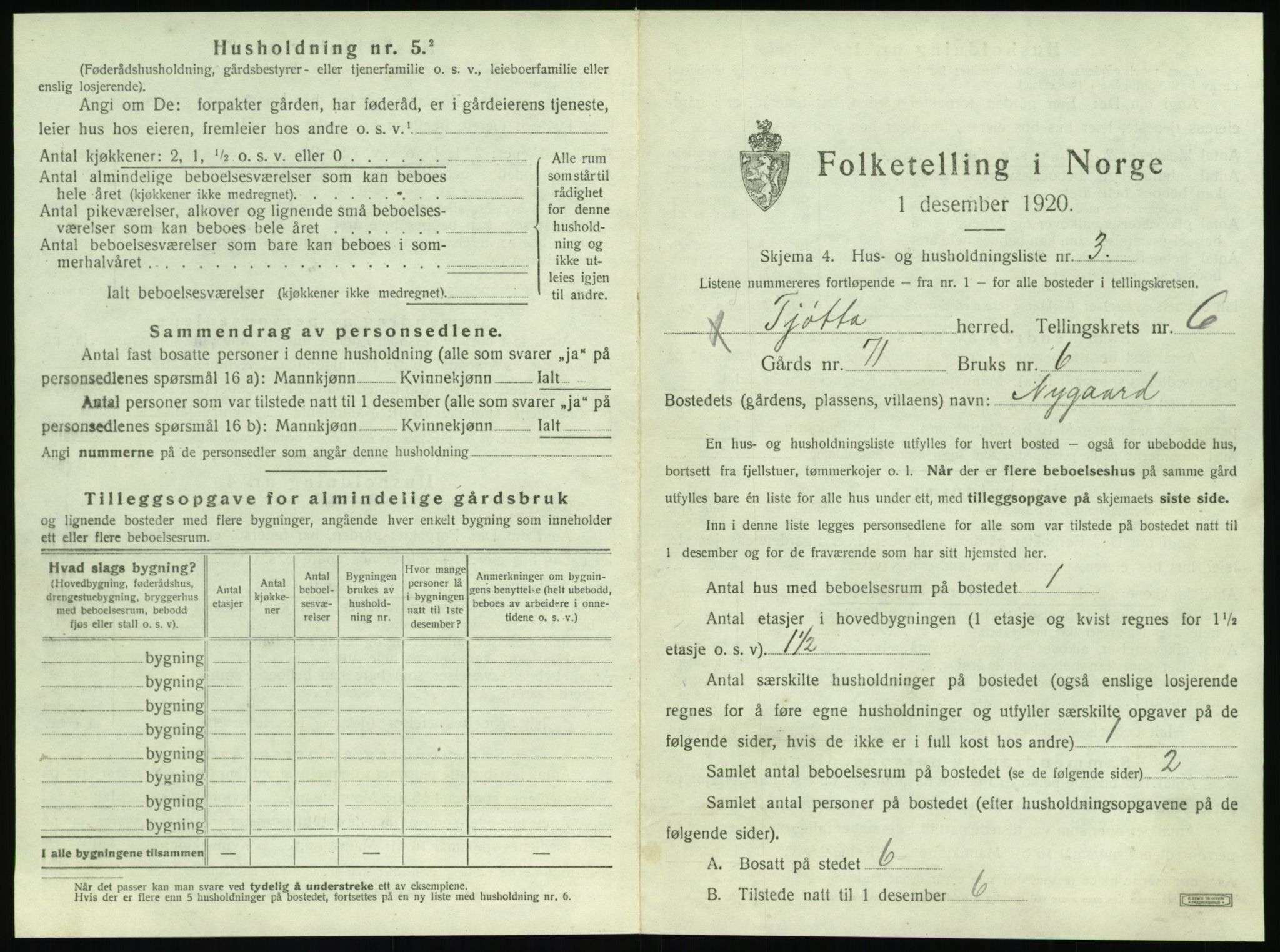 SAT, 1920 census for Tjøtta, 1920, p. 289