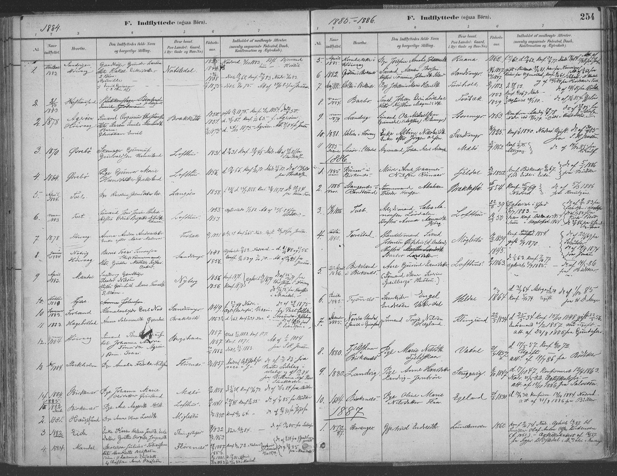 Vestre Moland sokneprestkontor, SAK/1111-0046/F/Fa/Fab/L0009: Parish register (official) no. A 9, 1884-1899, p. 254