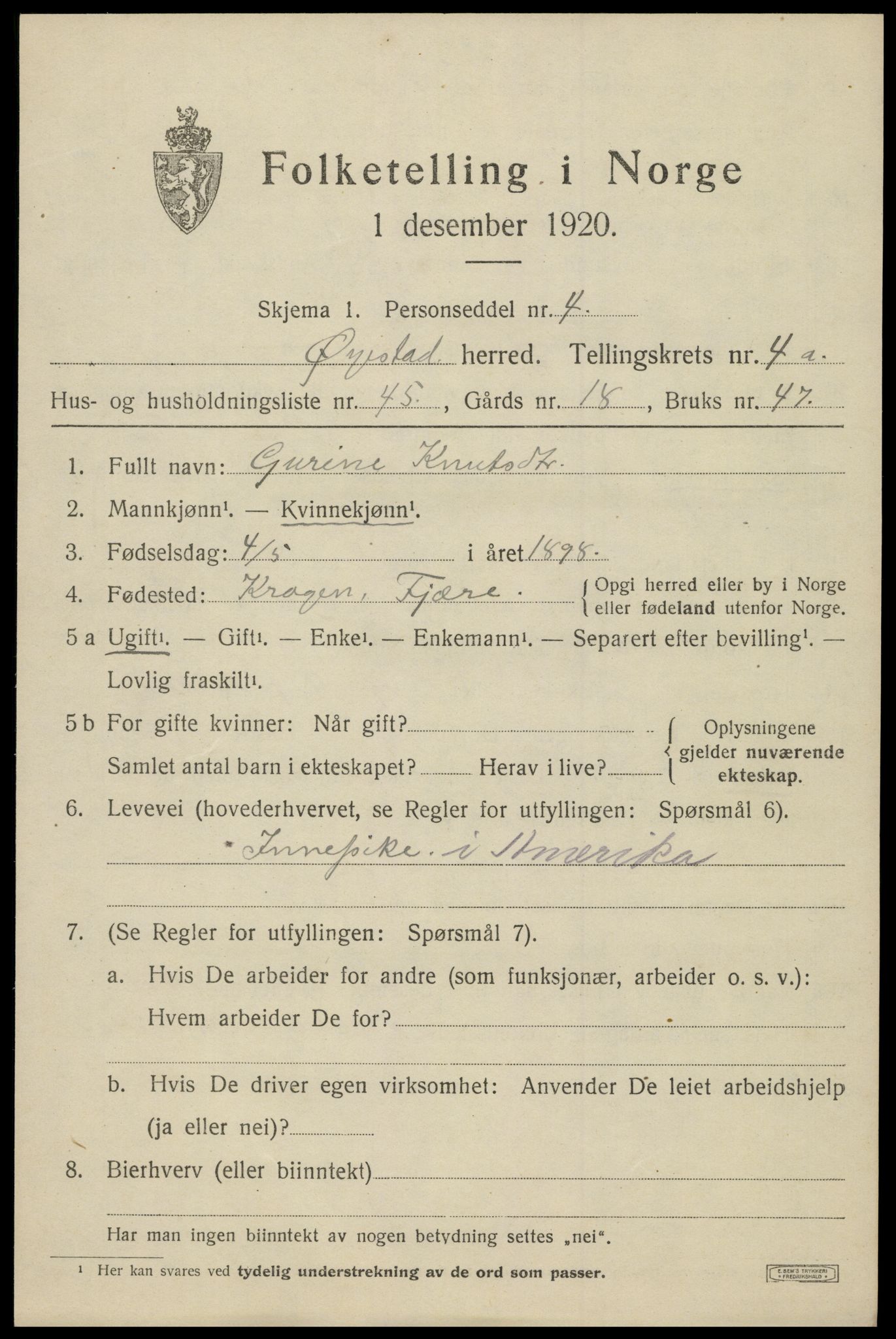 SAK, 1920 census for Øyestad, 1920, p. 3618