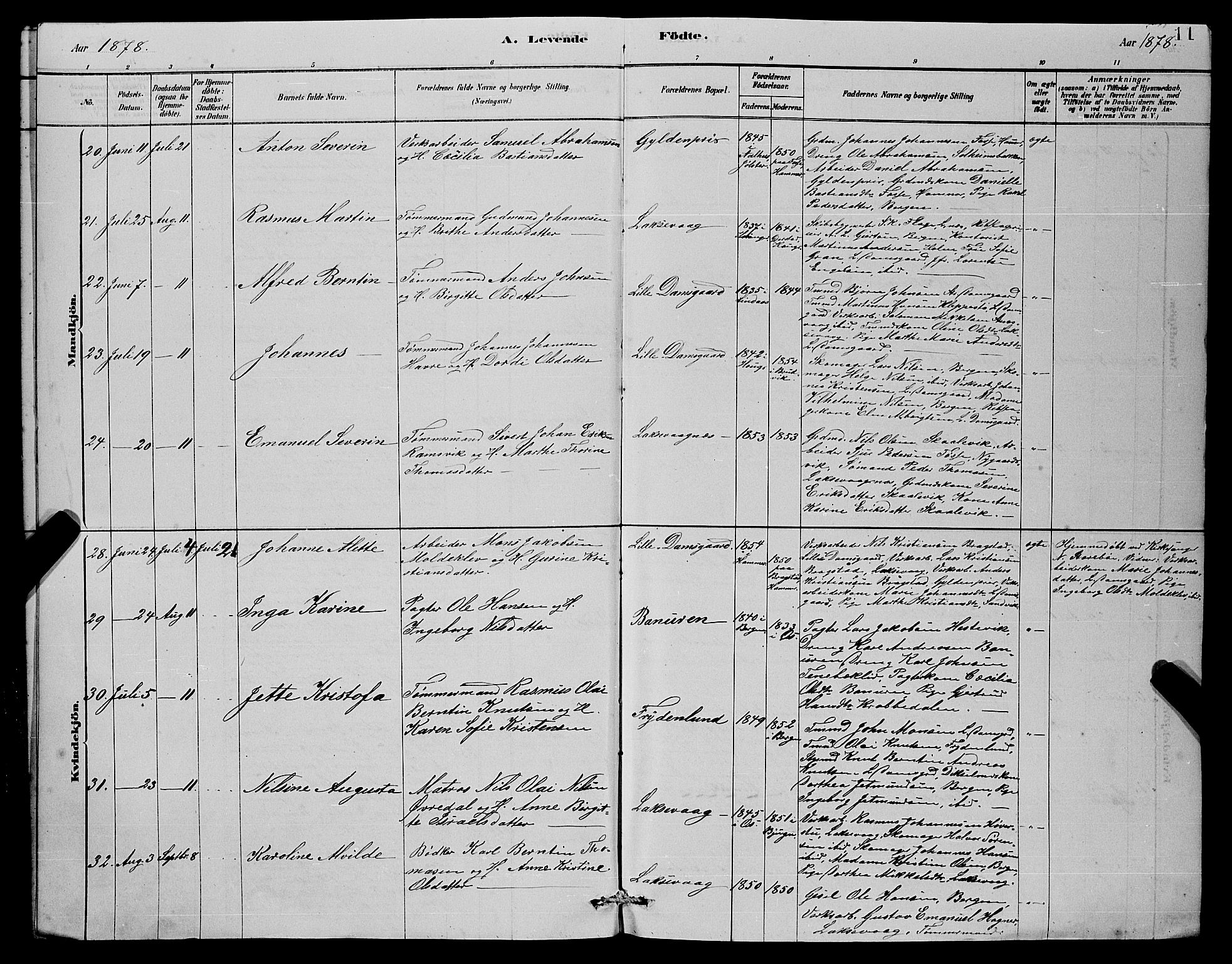 Laksevåg Sokneprestembete, AV/SAB-A-76501/H/Ha/Hab/Haba/L0002: Parish register (copy) no. A 2, 1877-1887, p. 11