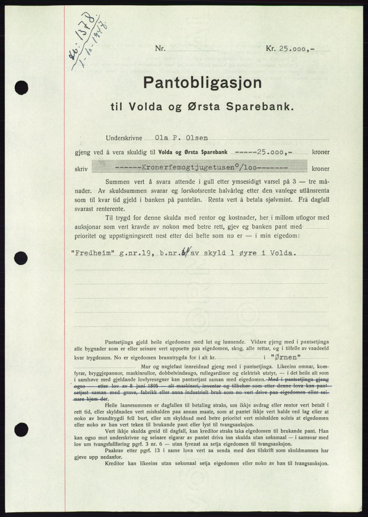 Søre Sunnmøre sorenskriveri, AV/SAT-A-4122/1/2/2C/L0115: Mortgage book no. 3B, 1947-1948, Diary no: : 1378/1947