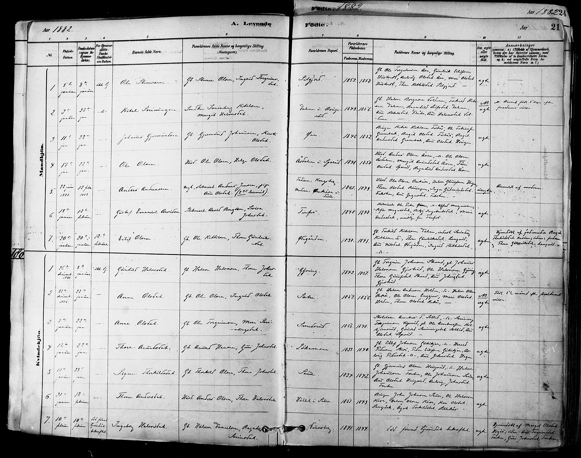 Heddal kirkebøker, SAKO/A-268/F/Fa/L0008: Parish register (official) no. I 8, 1878-1903, p. 21