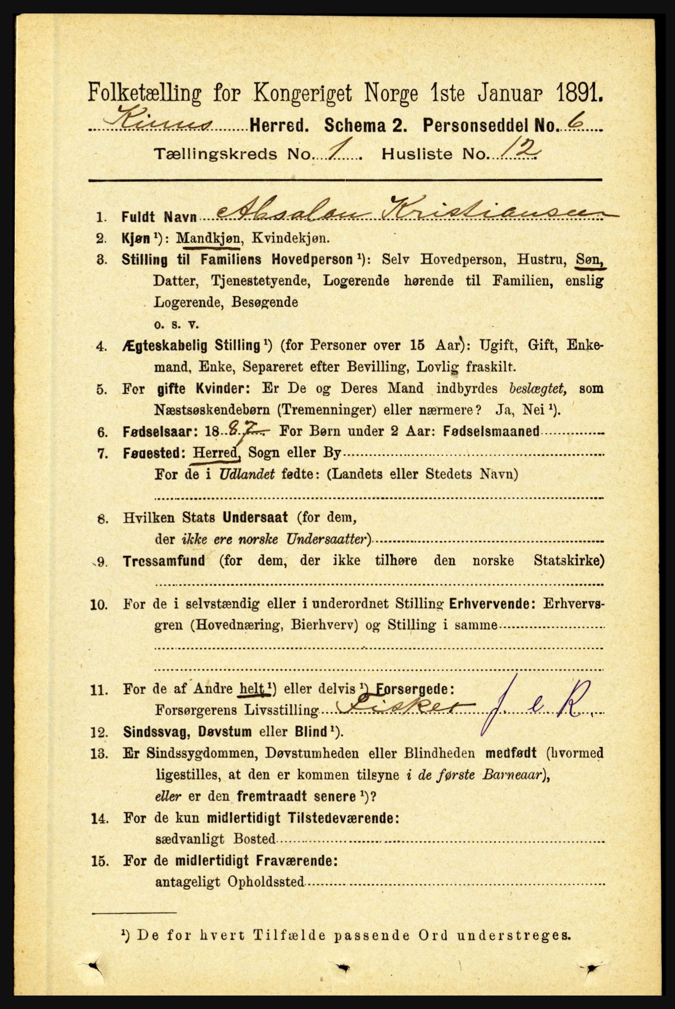 RA, 1891 census for 1437 Kinn, 1891, p. 172