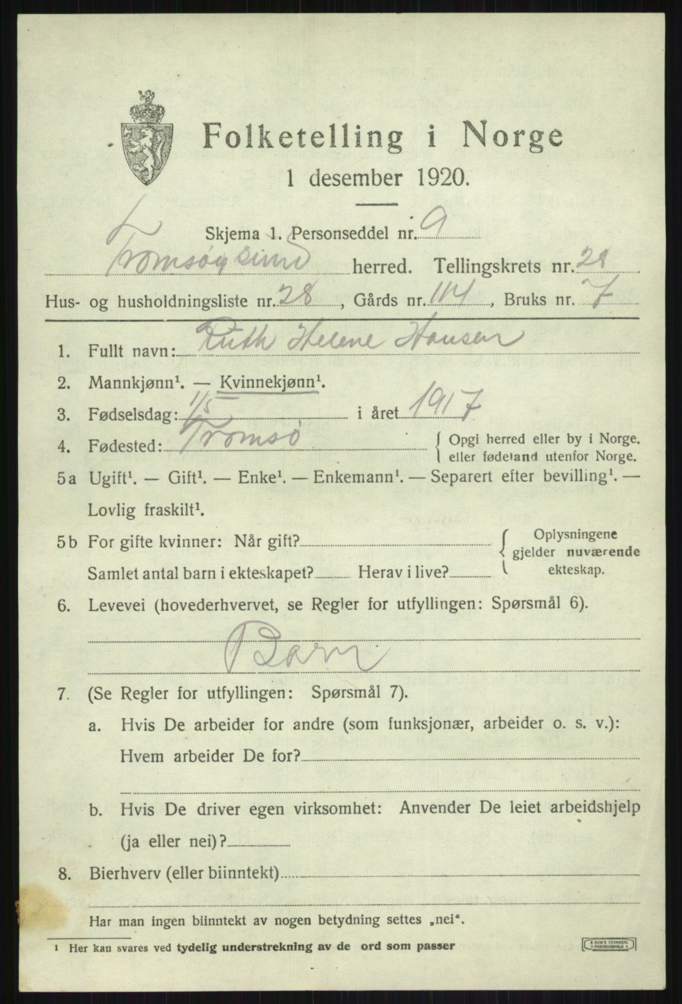 SATØ, 1920 census for Tromsøysund, 1920, p. 13118