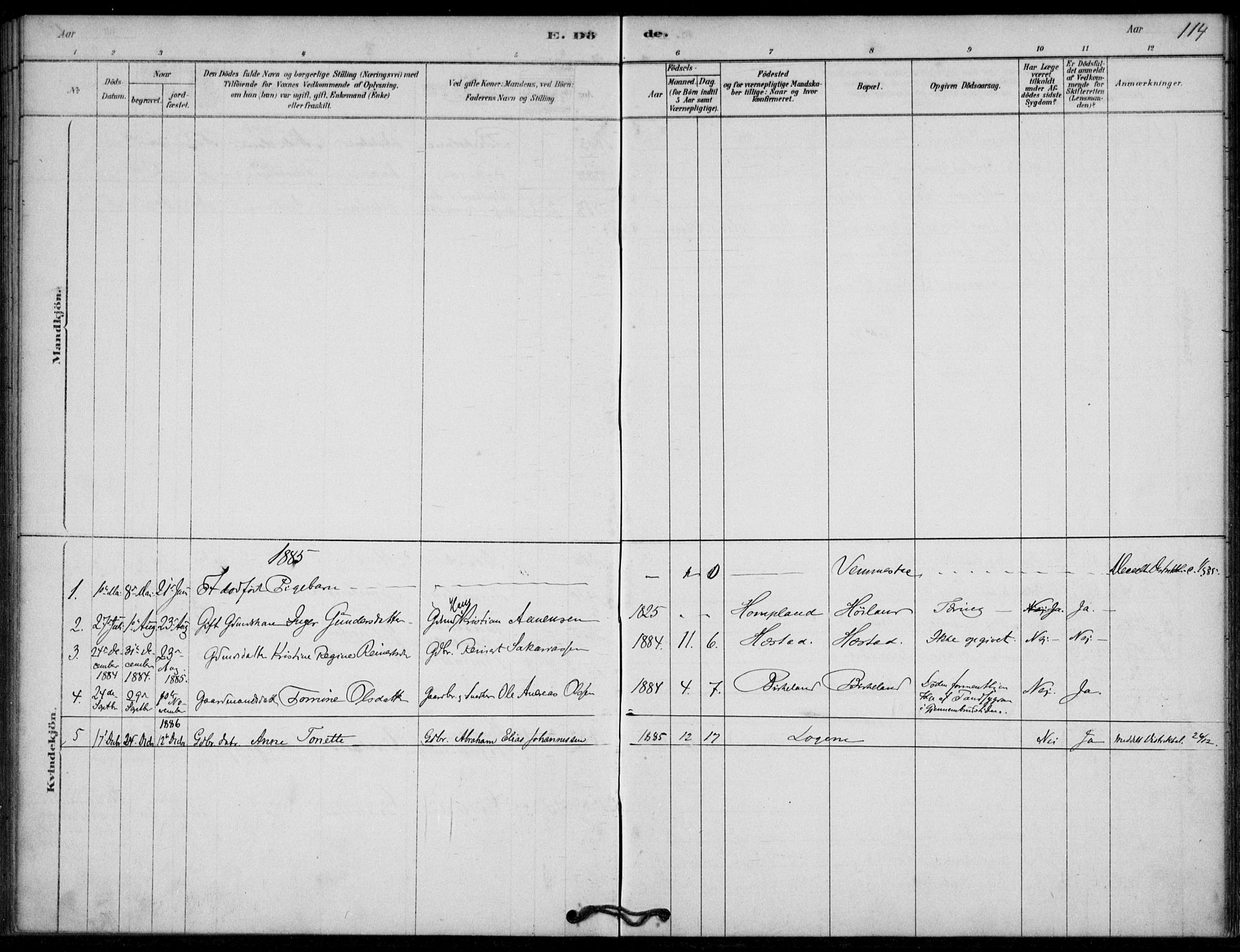 Lyngdal sokneprestkontor, AV/SAK-1111-0029/F/Fa/Fab/L0003: Parish register (official) no. A 3, 1878-1903, p. 114