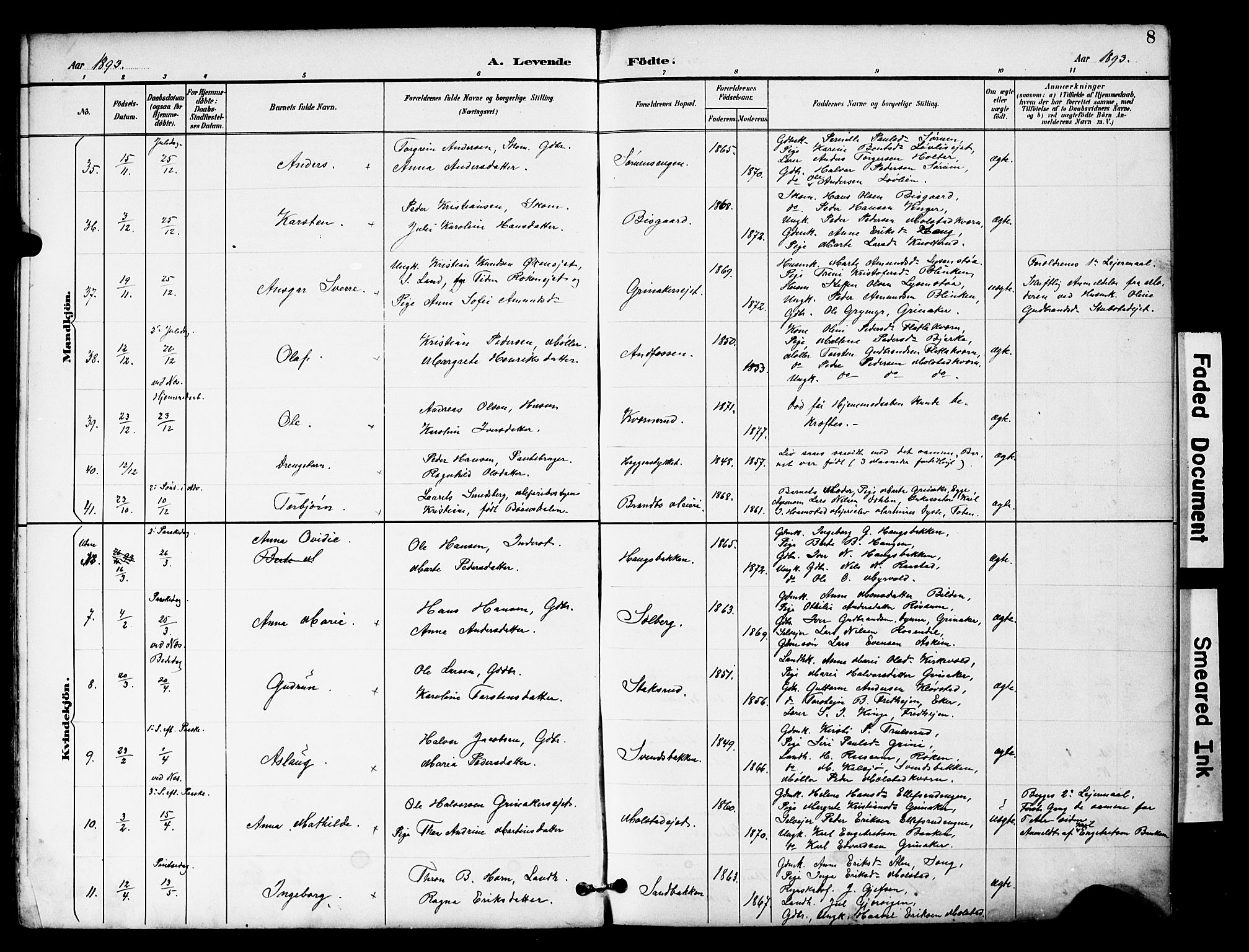 Brandbu prestekontor, SAH/PREST-114/H/Ha/Hab/L0006: Parish register (copy) no. 6, 1893-1902, p. 8