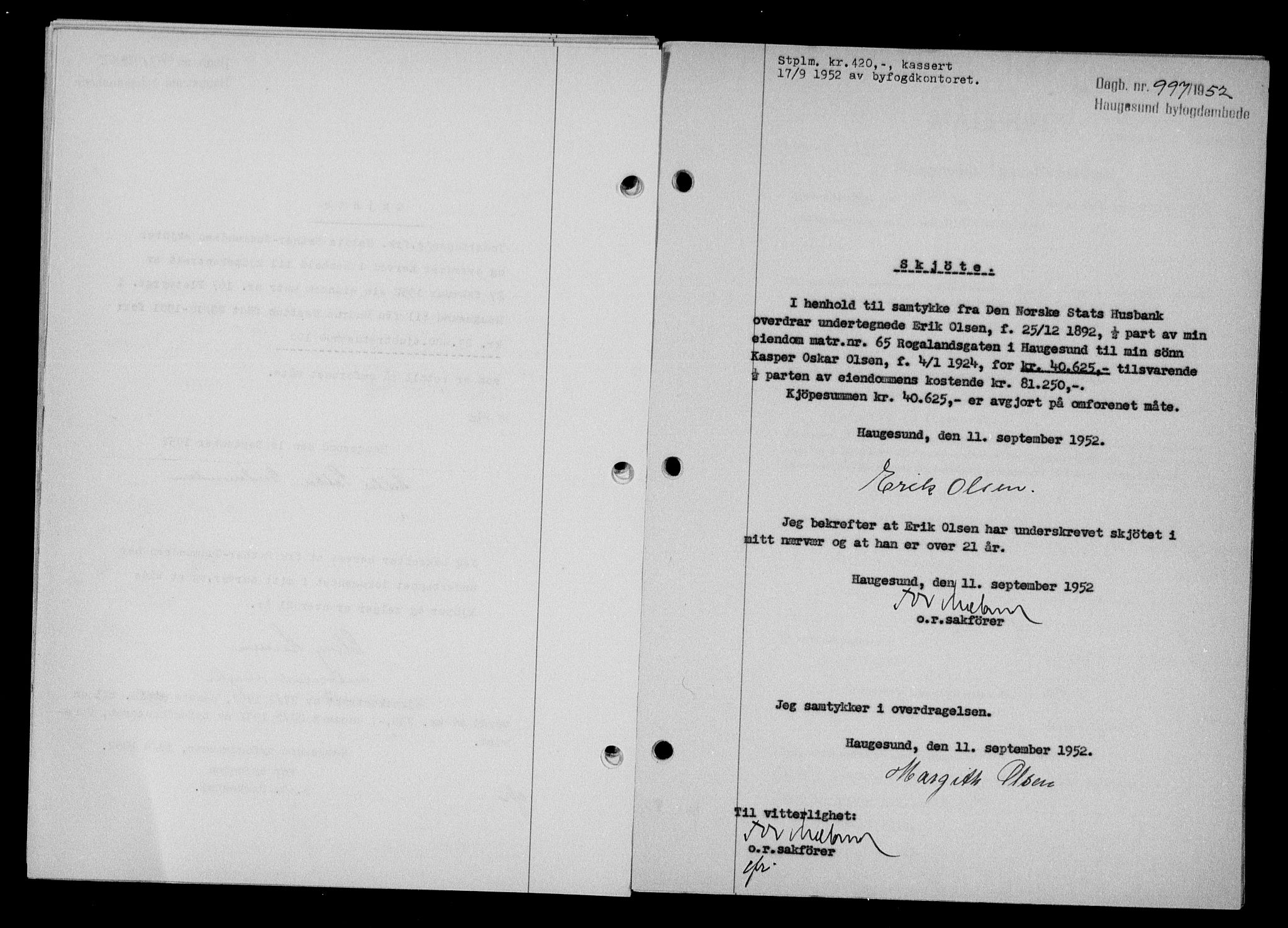 Haugesund tingrett, AV/SAST-A-101415/01/II/IIC/L0065: Mortgage book no. A 6, 1951-1953, Diary no: : 997/1952