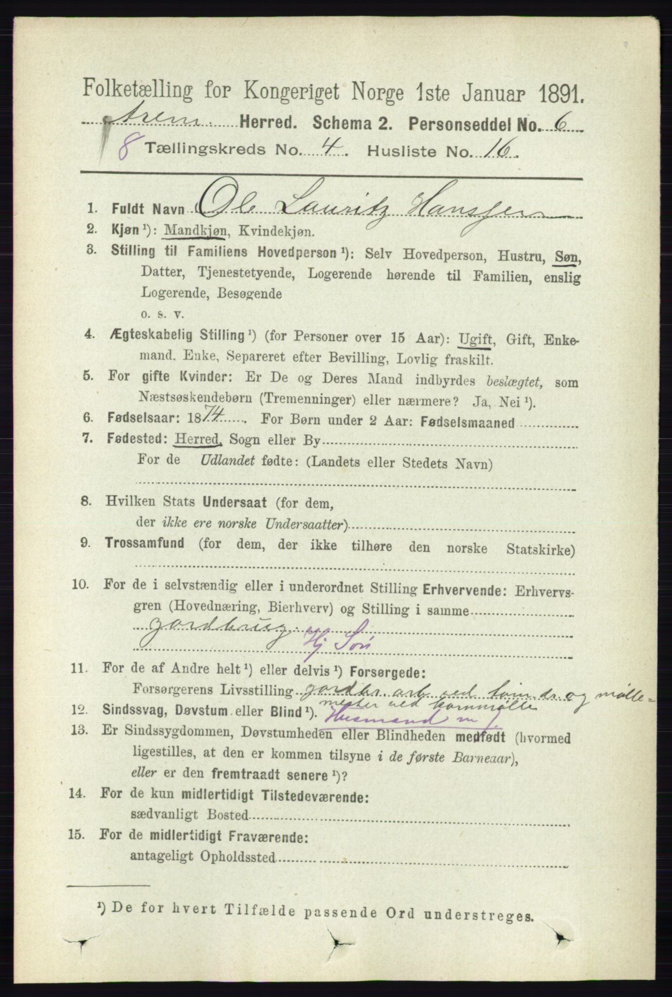 RA, 1891 census for 0118 Aremark, 1891, p. 2024