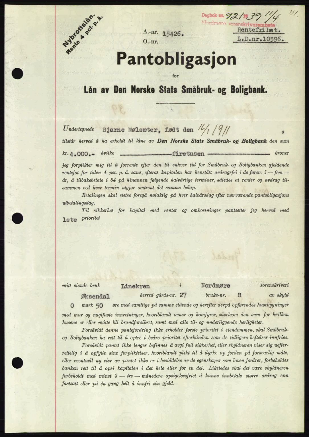 Nordmøre sorenskriveri, AV/SAT-A-4132/1/2/2Ca: Mortgage book no. B85, 1939-1939, Diary no: : 921/1939