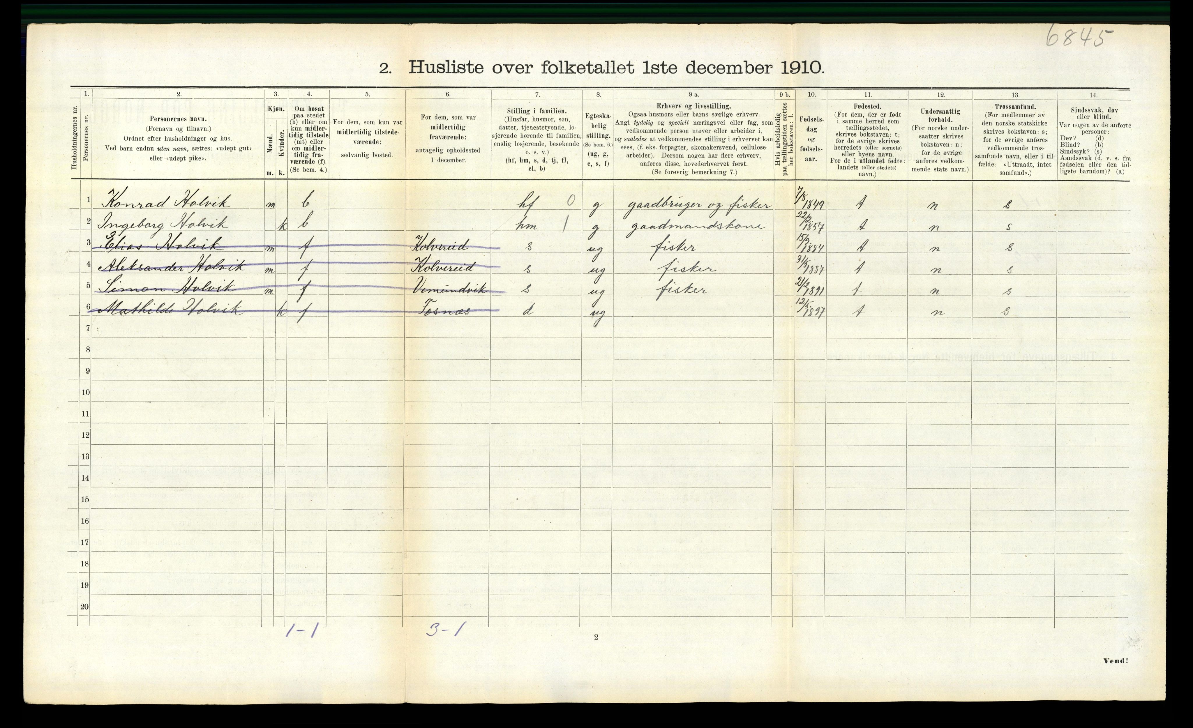 RA, 1910 census for Fosnes, 1910, p. 252