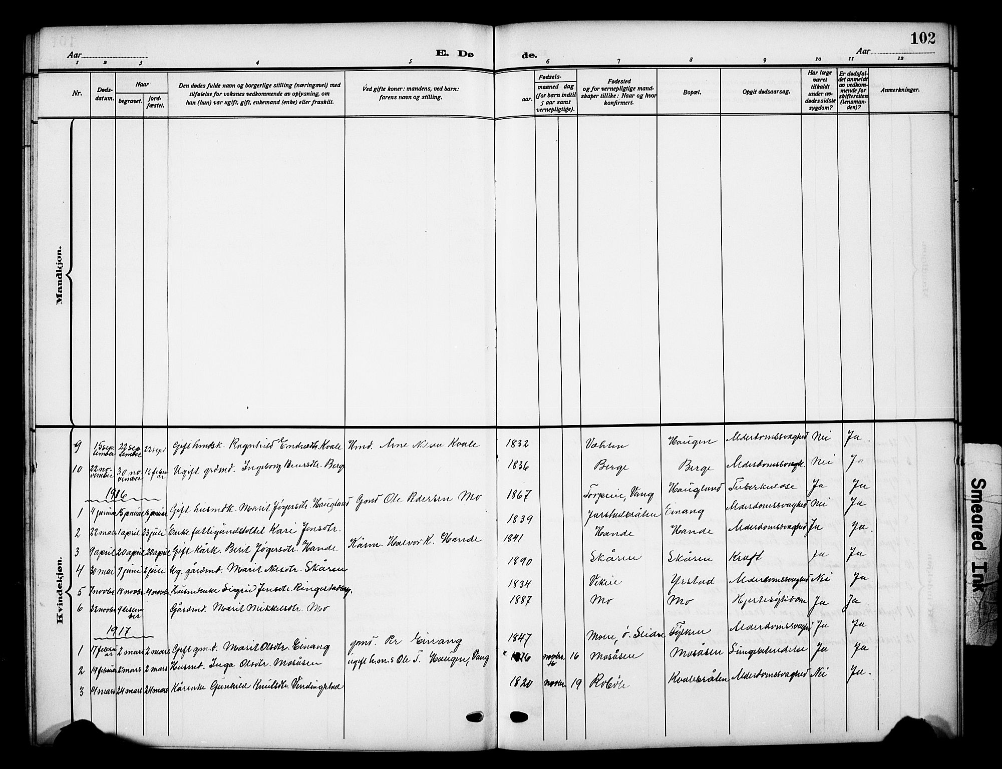 Vestre Slidre prestekontor, SAH/PREST-136/H/Ha/Hab/L0007: Parish register (copy) no. 7, 1909-1930, p. 102