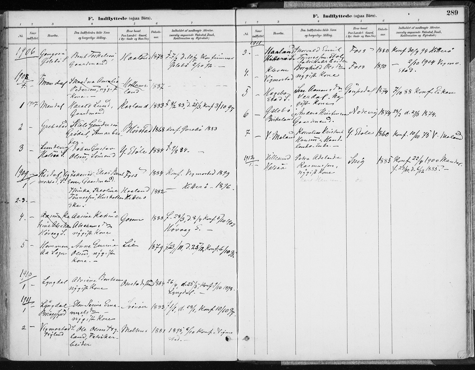 Sør-Audnedal sokneprestkontor, AV/SAK-1111-0039/F/Fa/Fab/L0010: Parish register (official) no. A 10, 1892-1913, p. 289