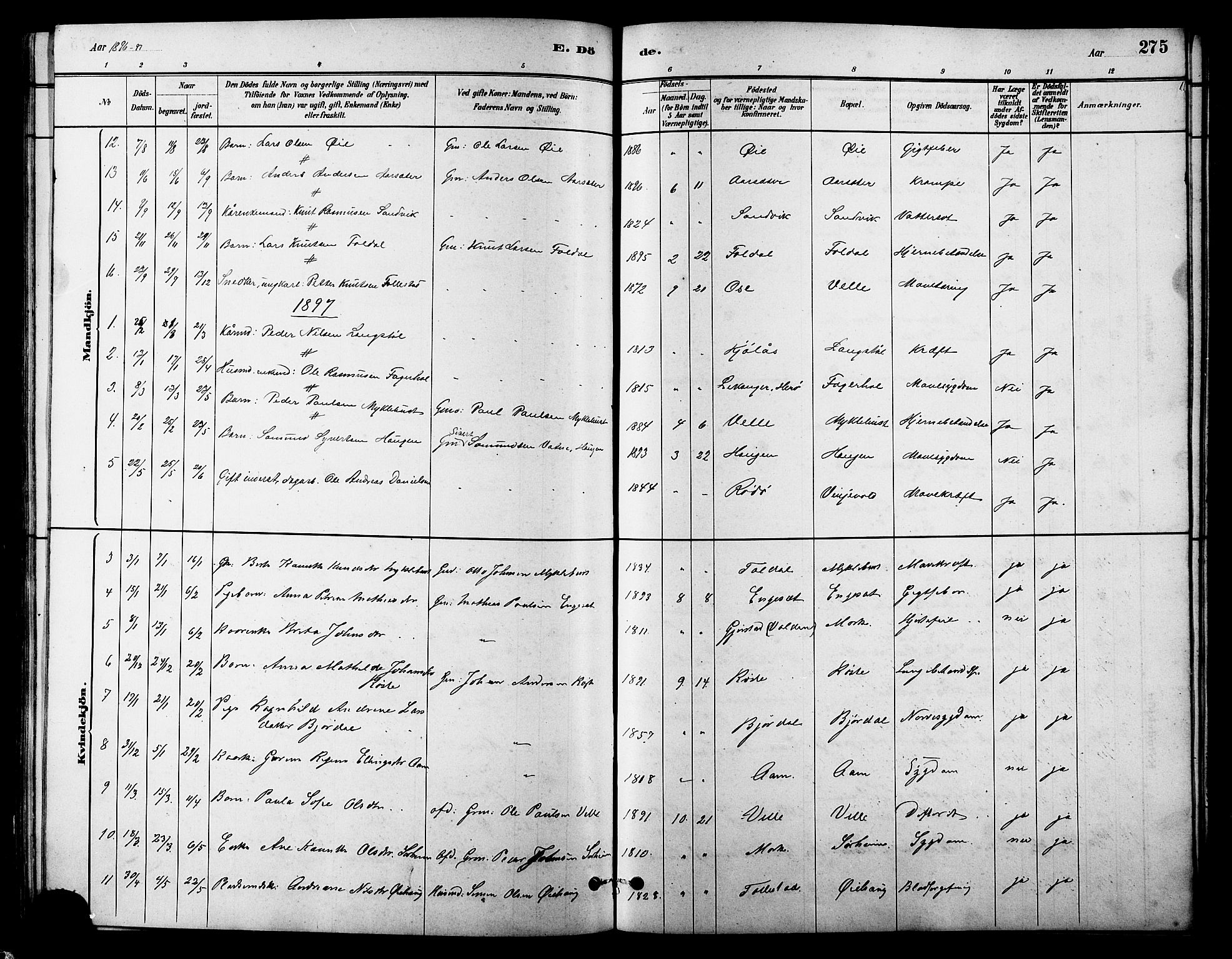 Ministerialprotokoller, klokkerbøker og fødselsregistre - Møre og Romsdal, AV/SAT-A-1454/513/L0189: Parish register (copy) no. 513C03, 1883-1904, p. 275