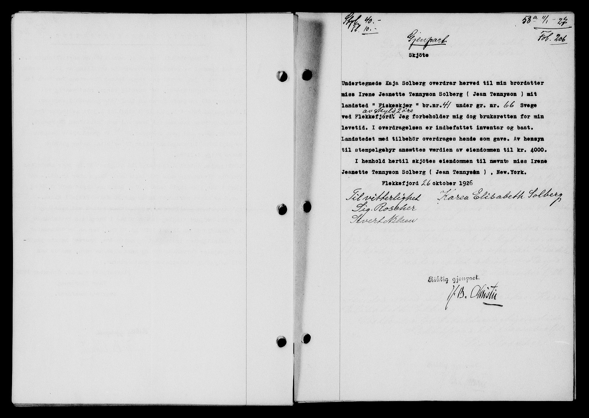 Flekkefjord sorenskriveri, AV/SAK-1221-0001/G/Gb/Gba/L0043: Mortgage book no. 41, 1926-1927, Deed date: 11.01.1927