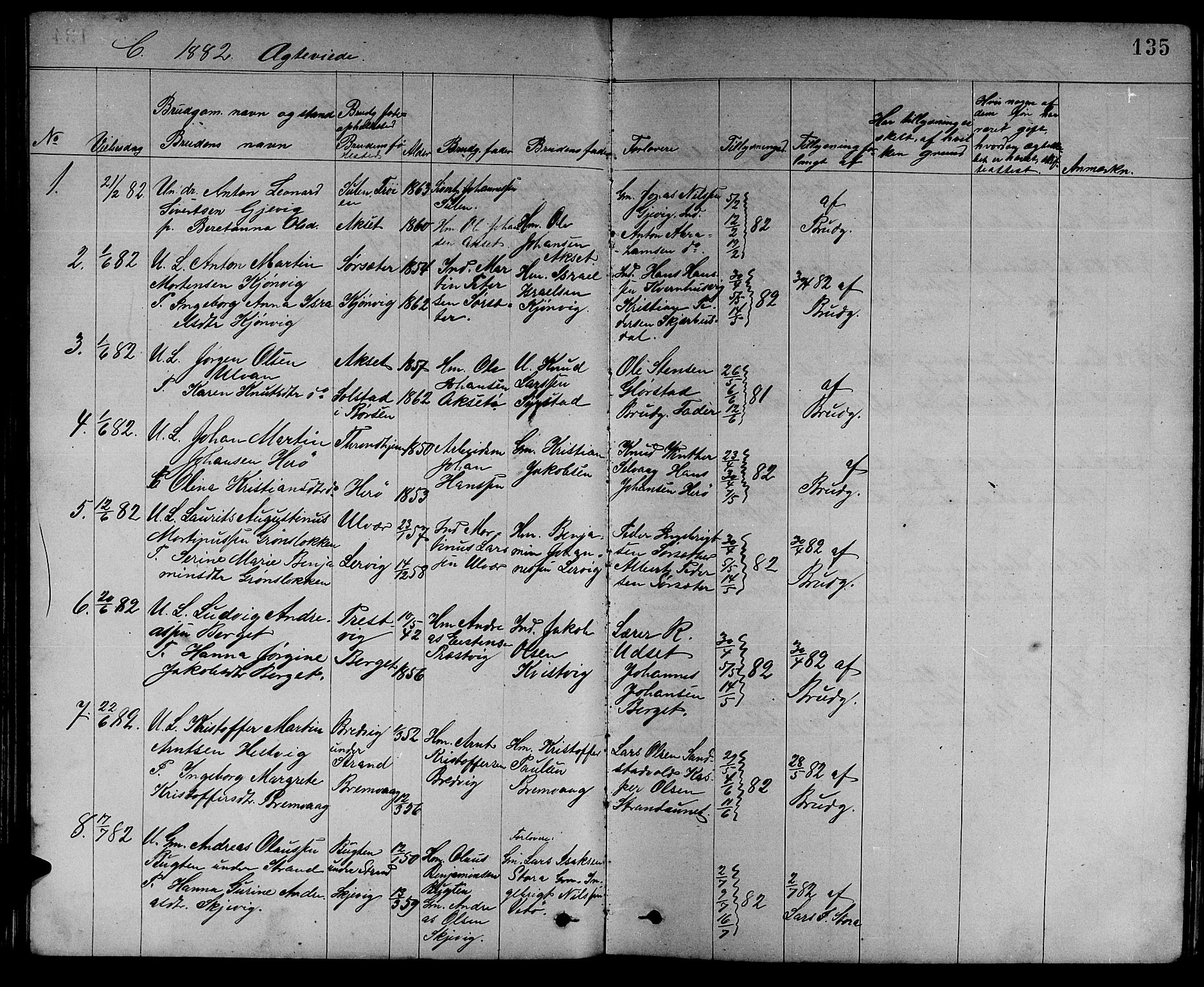 Ministerialprotokoller, klokkerbøker og fødselsregistre - Sør-Trøndelag, AV/SAT-A-1456/637/L0561: Parish register (copy) no. 637C02, 1873-1882, p. 135