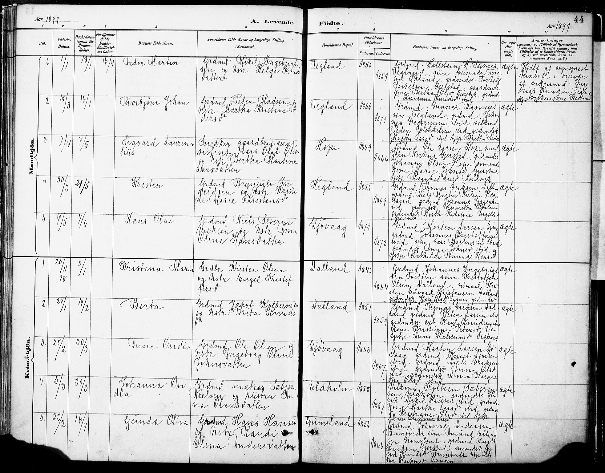 Tysnes sokneprestembete, SAB/A-78601/H/Haa: Parish register (official) no. B 1, 1887-1906, p. 44