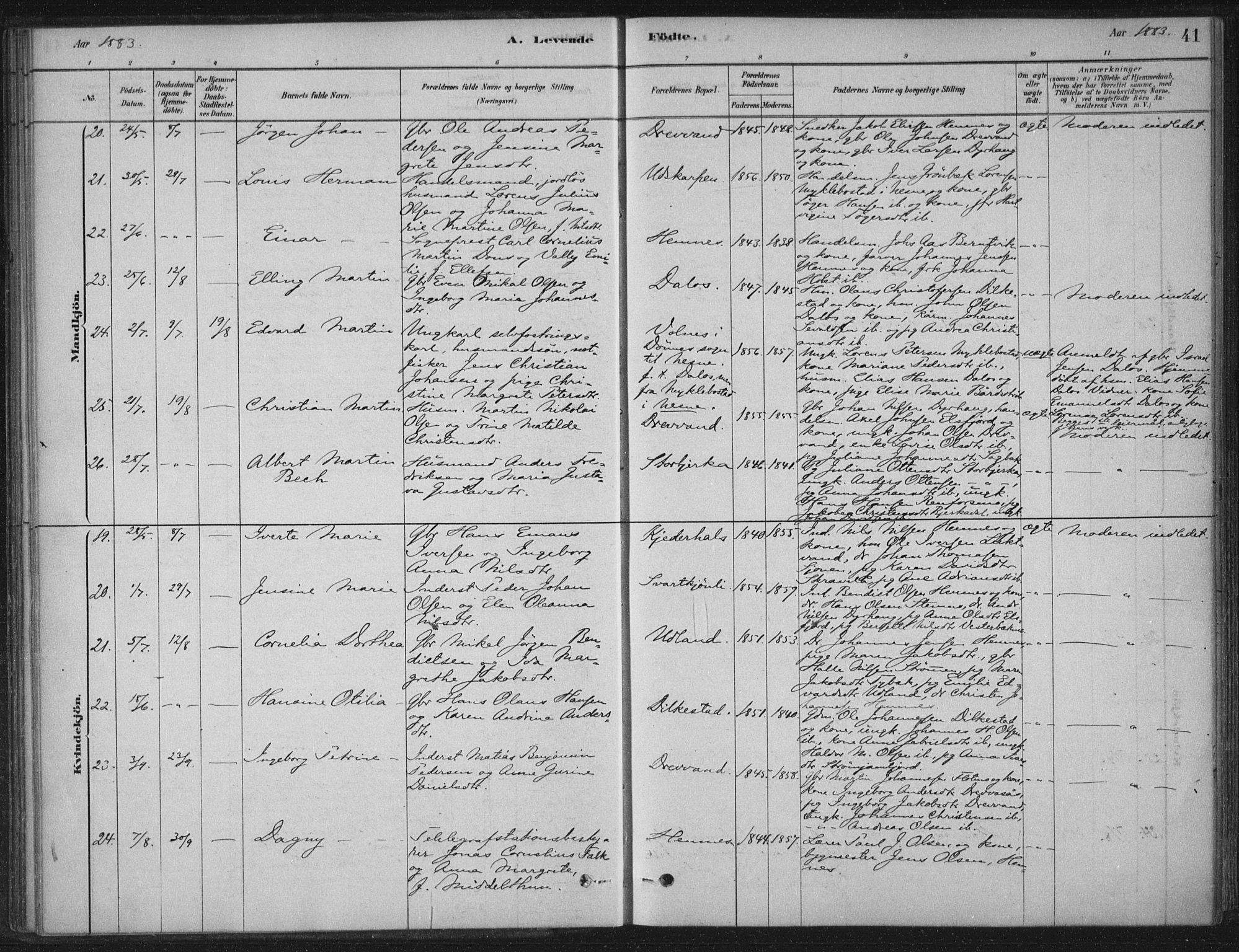 Ministerialprotokoller, klokkerbøker og fødselsregistre - Nordland, SAT/A-1459/825/L0361: Parish register (official) no. 825A15, 1878-1893, p. 41