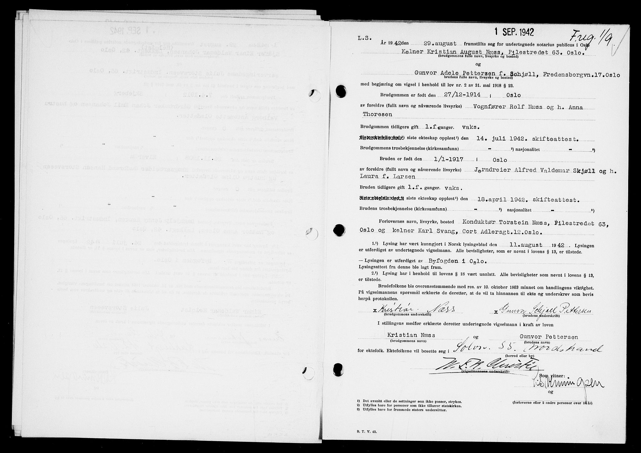 Oslo byfogd avd. I, AV/SAO-A-10220/L/Lb/Lbb/L0041: Notarialprotokoll, rekke II: Vigsler, 1942
