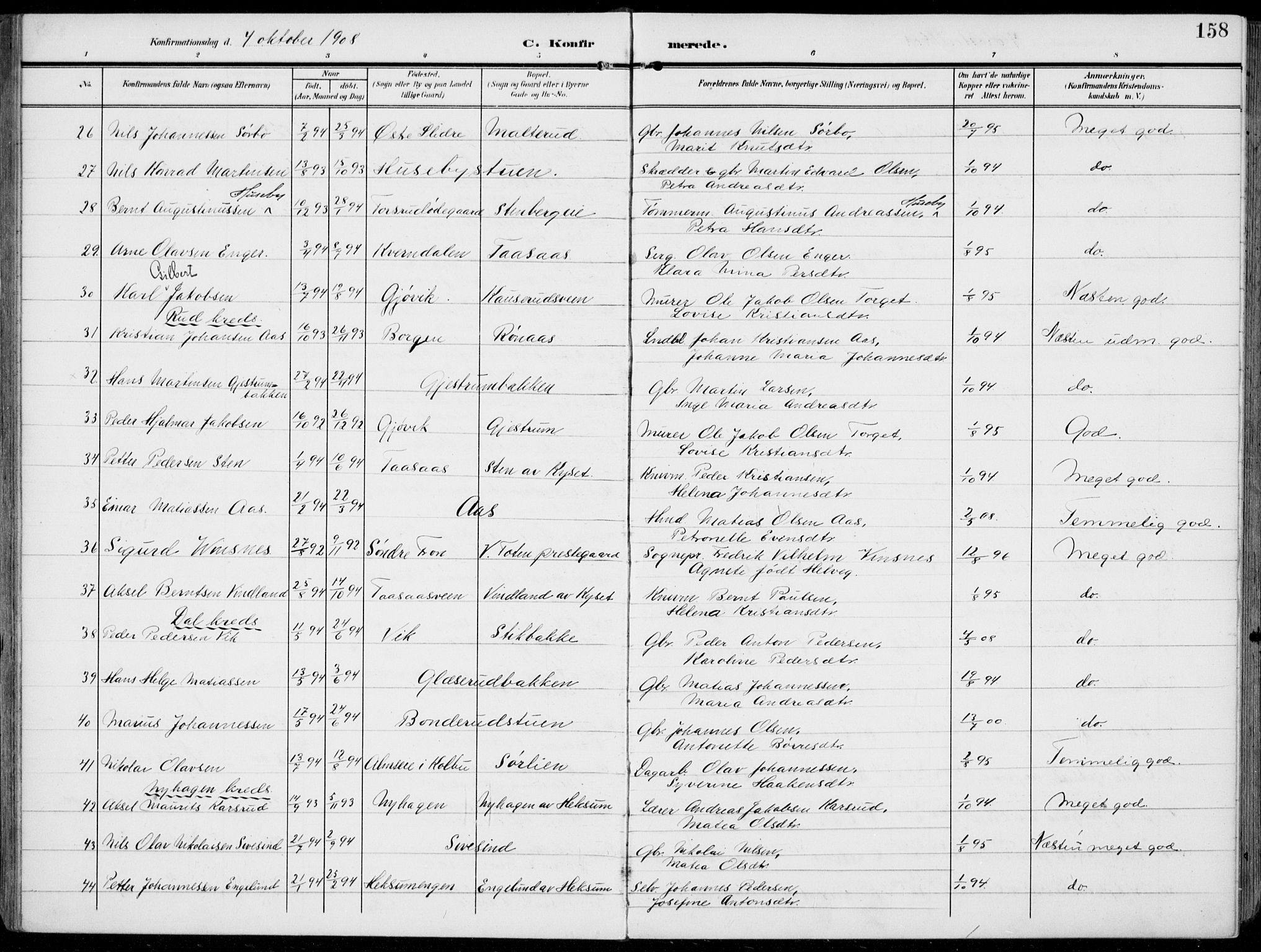 Vestre Toten prestekontor, AV/SAH-PREST-108/H/Ha/Haa/L0014: Parish register (official) no. 14, 1907-1920, p. 158