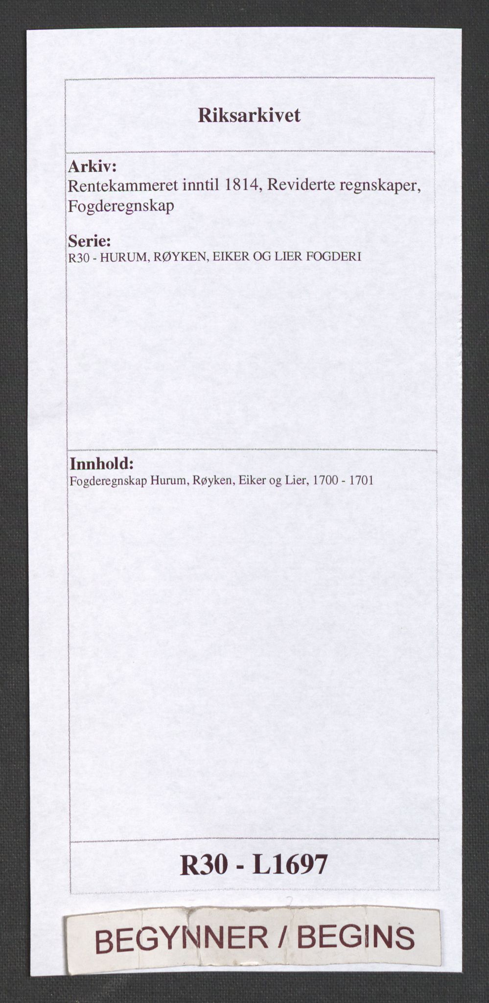 Rentekammeret inntil 1814, Reviderte regnskaper, Fogderegnskap, AV/RA-EA-4092/R30/L1697: Fogderegnskap Hurum, Røyken, Eiker og Lier, 1700-1701, p. 1