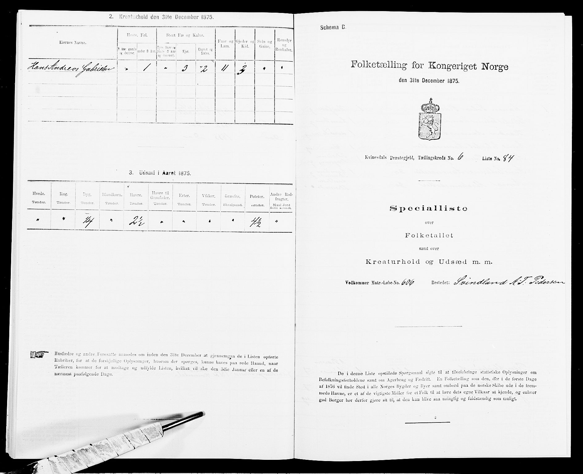 SAK, 1875 census for 1037P Kvinesdal, 1875, p. 1082