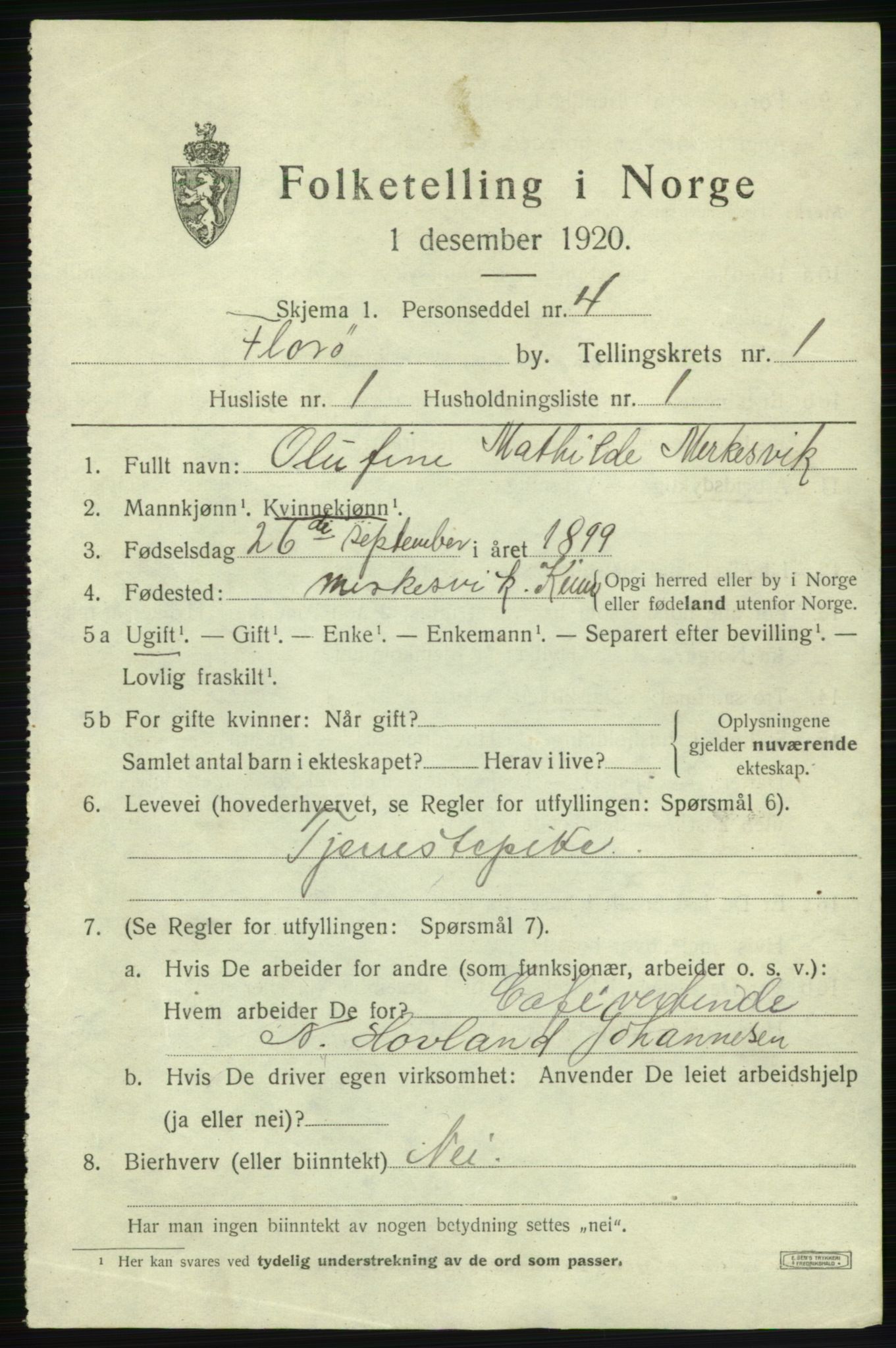 SAB, 1920 census for Florø, 1920, p. 1070