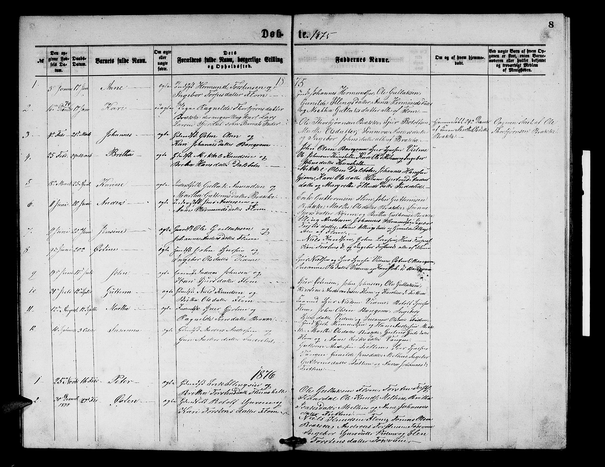 Aurland sokneprestembete, SAB/A-99937/H/Hb/Hbb/L0001: Parish register (copy) no. B 1, 1868-1887, p. 8