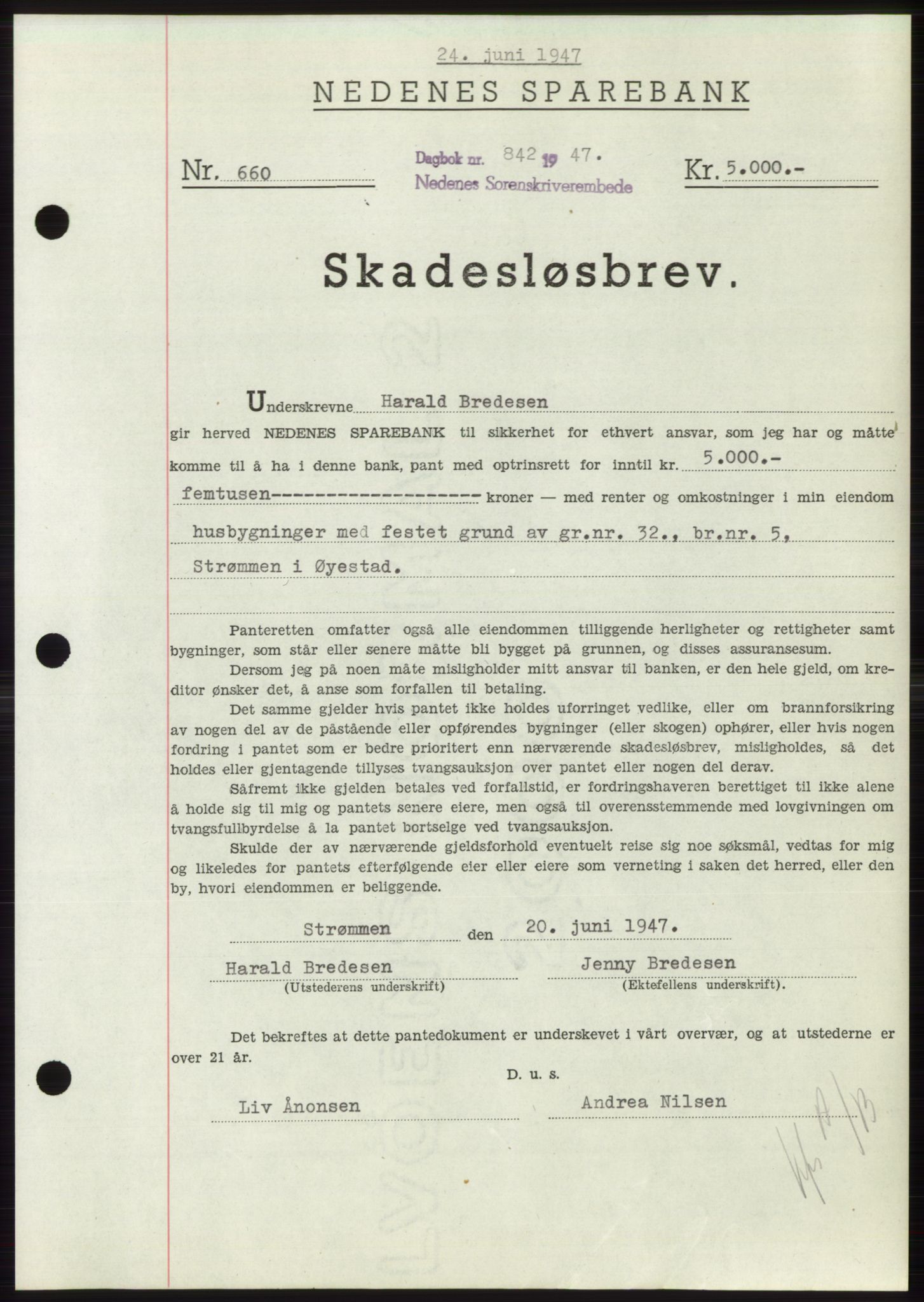 Nedenes sorenskriveri, AV/SAK-1221-0006/G/Gb/Gbb/L0004: Mortgage book no. B4, 1947-1947, Diary no: : 842/1947