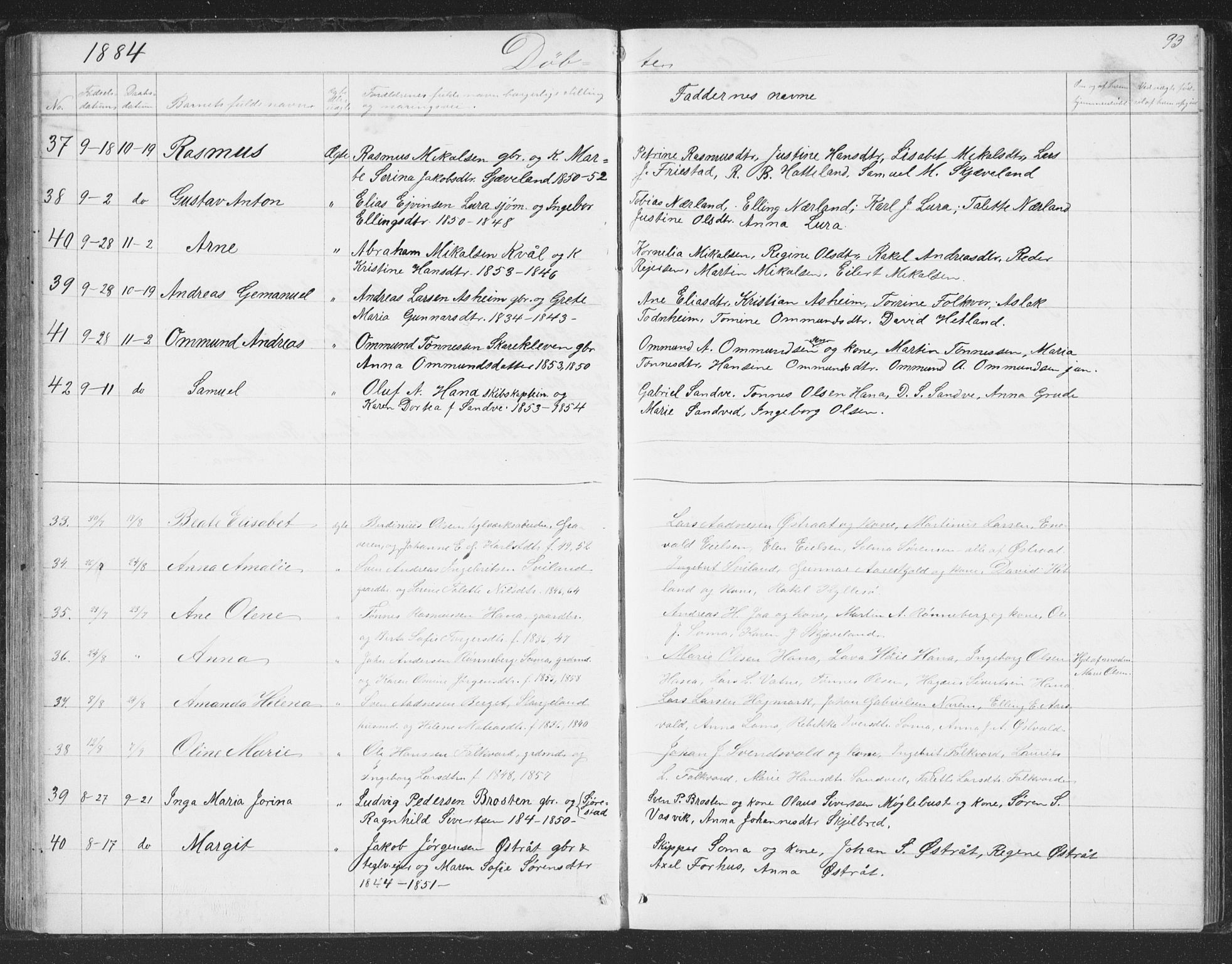 Høyland sokneprestkontor, AV/SAST-A-101799/001/30BB/L0002: Parish register (copy) no. B 2, 1874-1886, p. 93