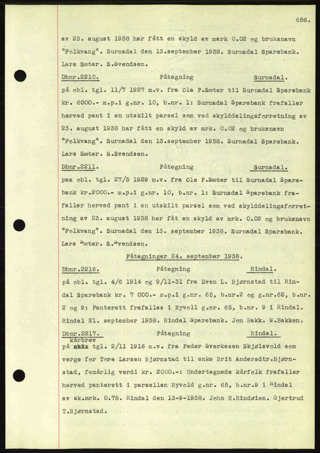 Nordmøre sorenskriveri, AV/SAT-A-4132/1/2/2Ca: Mortgage book no. C80, 1936-1939, Diary no: : 2210/1938