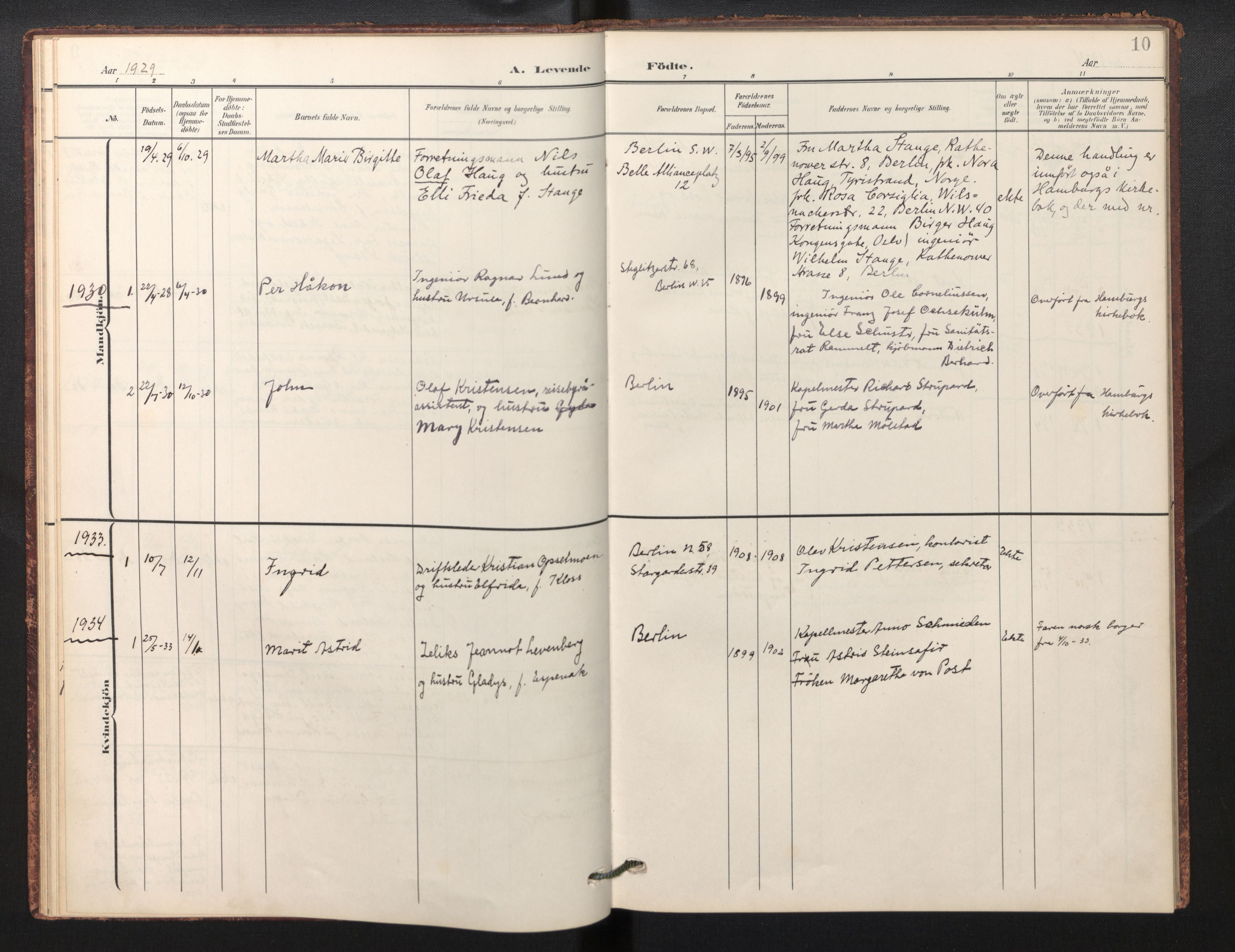 Den norske sjømannsmisjon i utlandet / Berlin, AV/SAB-SAB/PA-0360/H/Ha/L0001: Parish register (official) no. A 1, 1905-1955, p. 9b-10a