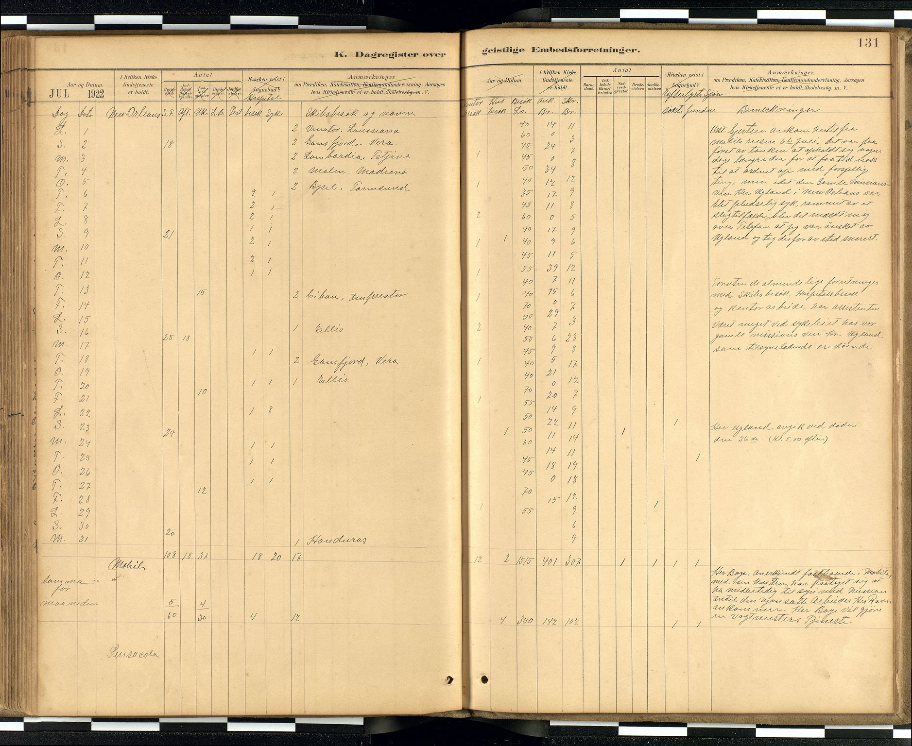 Den norske sjømannsmisjon i utlandet / Quebec (Canada) samt Pensacola--Savannah-Mobile-New Orleans-Gulfport (Gulfhamnene i USA), SAB/SAB/PA-0114/H/Ha/L0001: Parish register (official) no. A 1, 1887-1924, p. 130b-131a