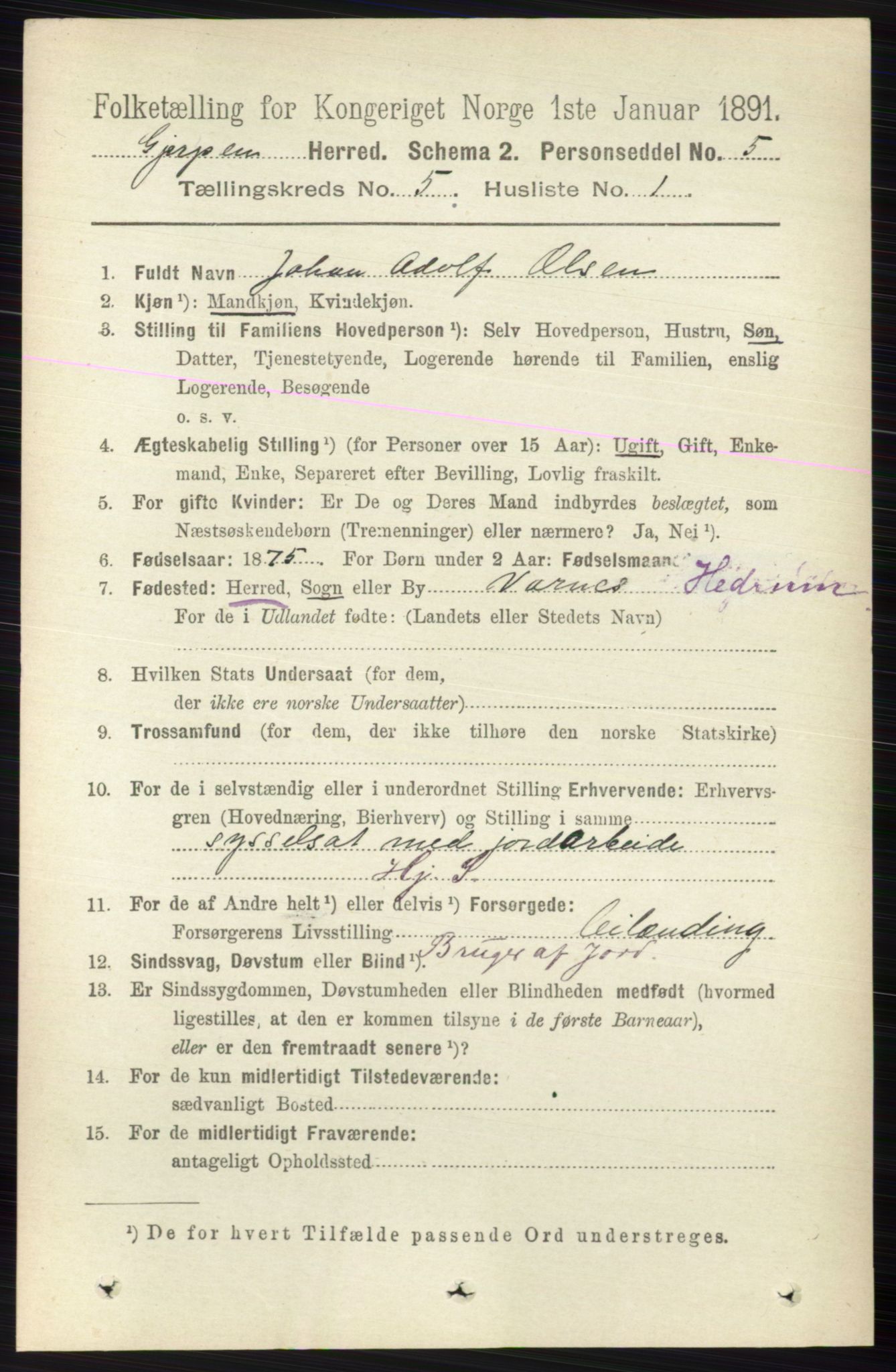 RA, 1891 census for 0812 Gjerpen, 1891, p. 2497