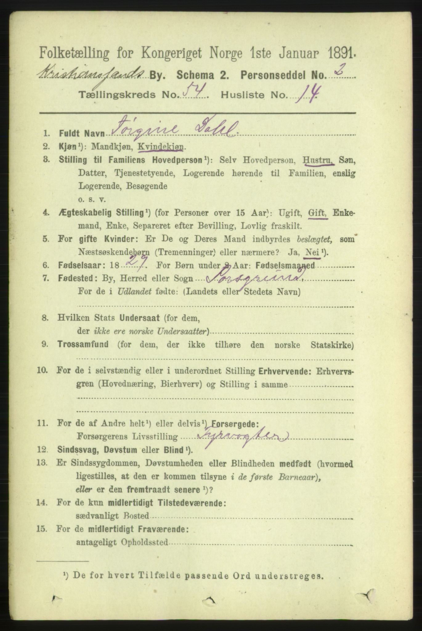 RA, 1891 census for 1001 Kristiansand, 1891, p. 16068