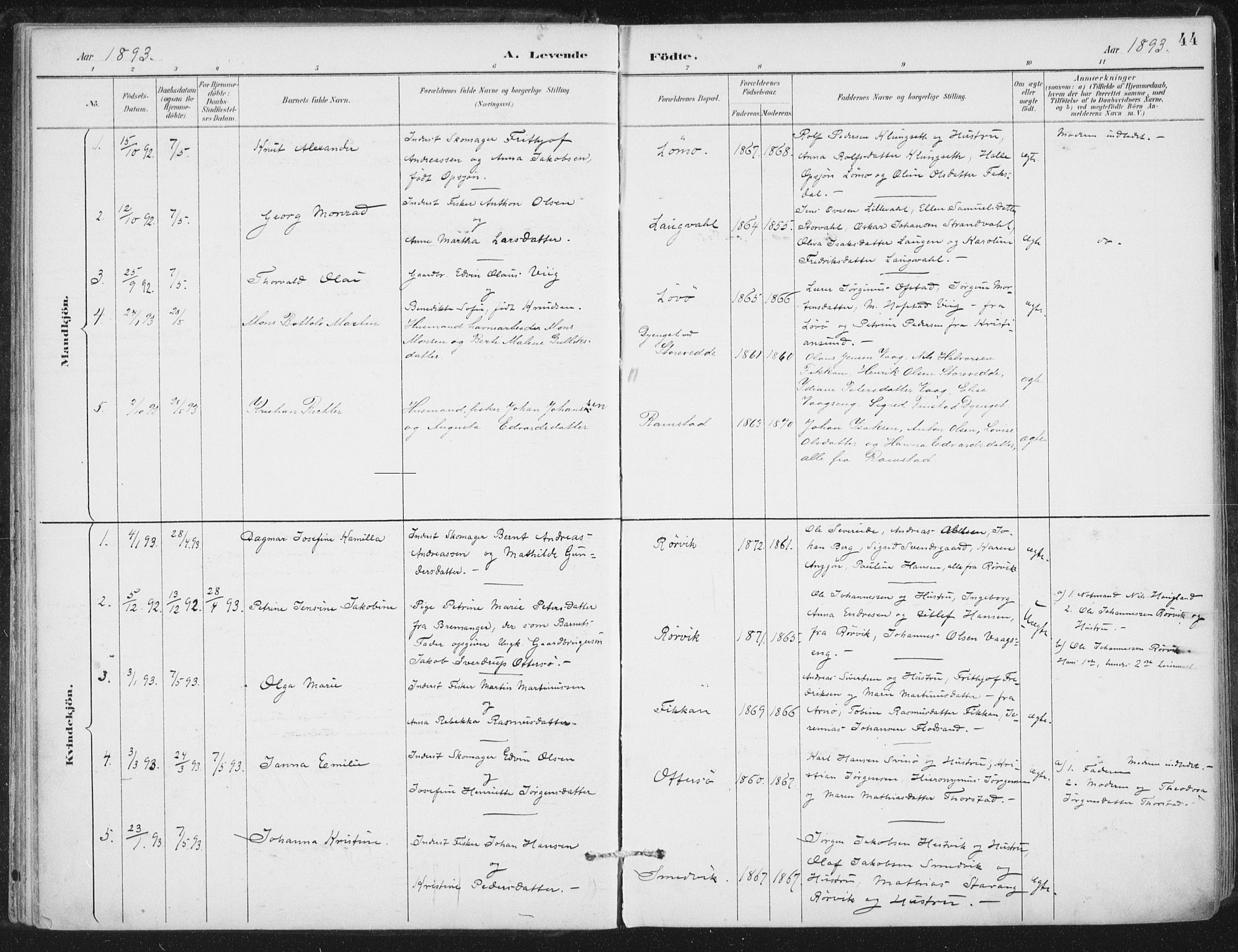 Ministerialprotokoller, klokkerbøker og fødselsregistre - Nord-Trøndelag, SAT/A-1458/784/L0673: Parish register (official) no. 784A08, 1888-1899, p. 44