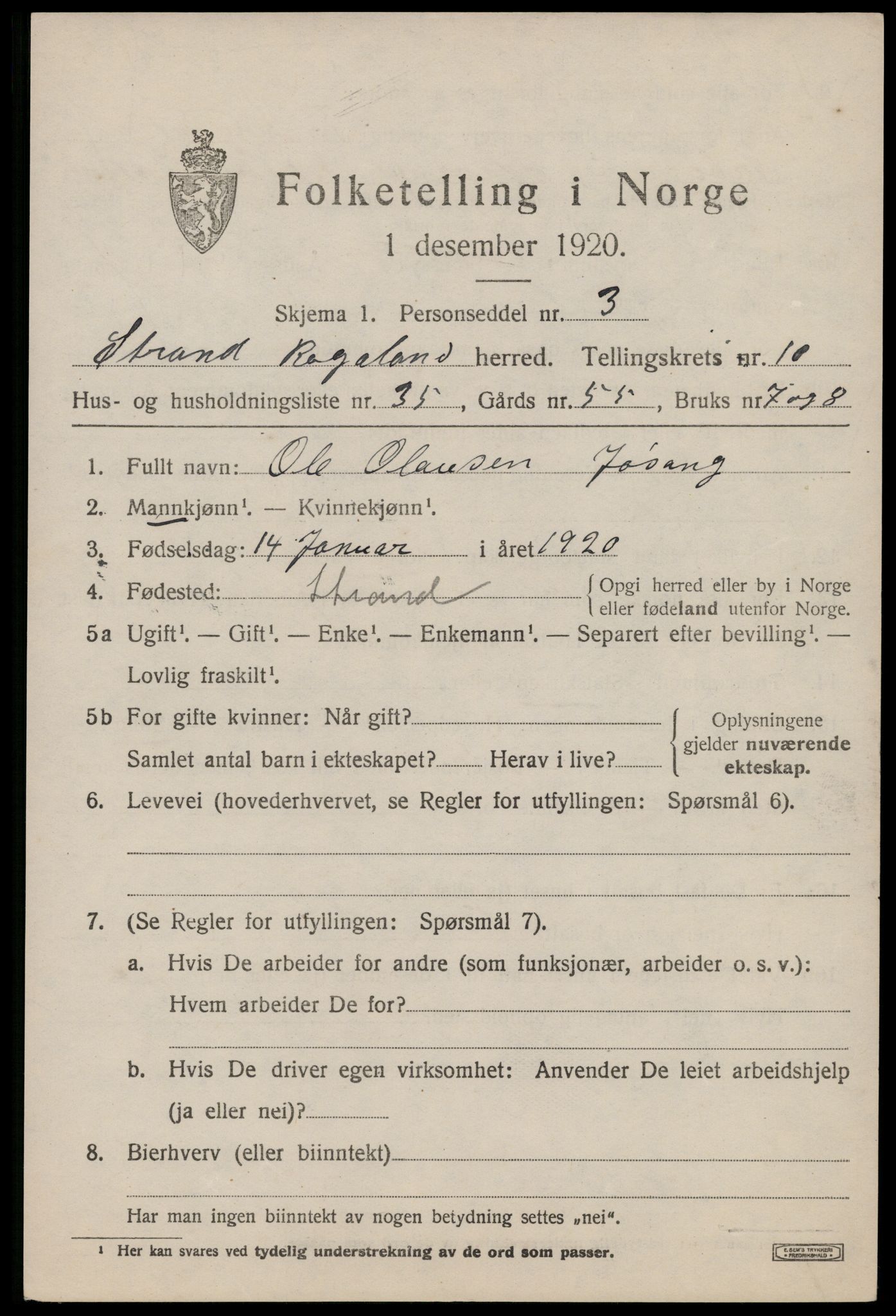 SAST, 1920 census for Strand, 1920, p. 7043