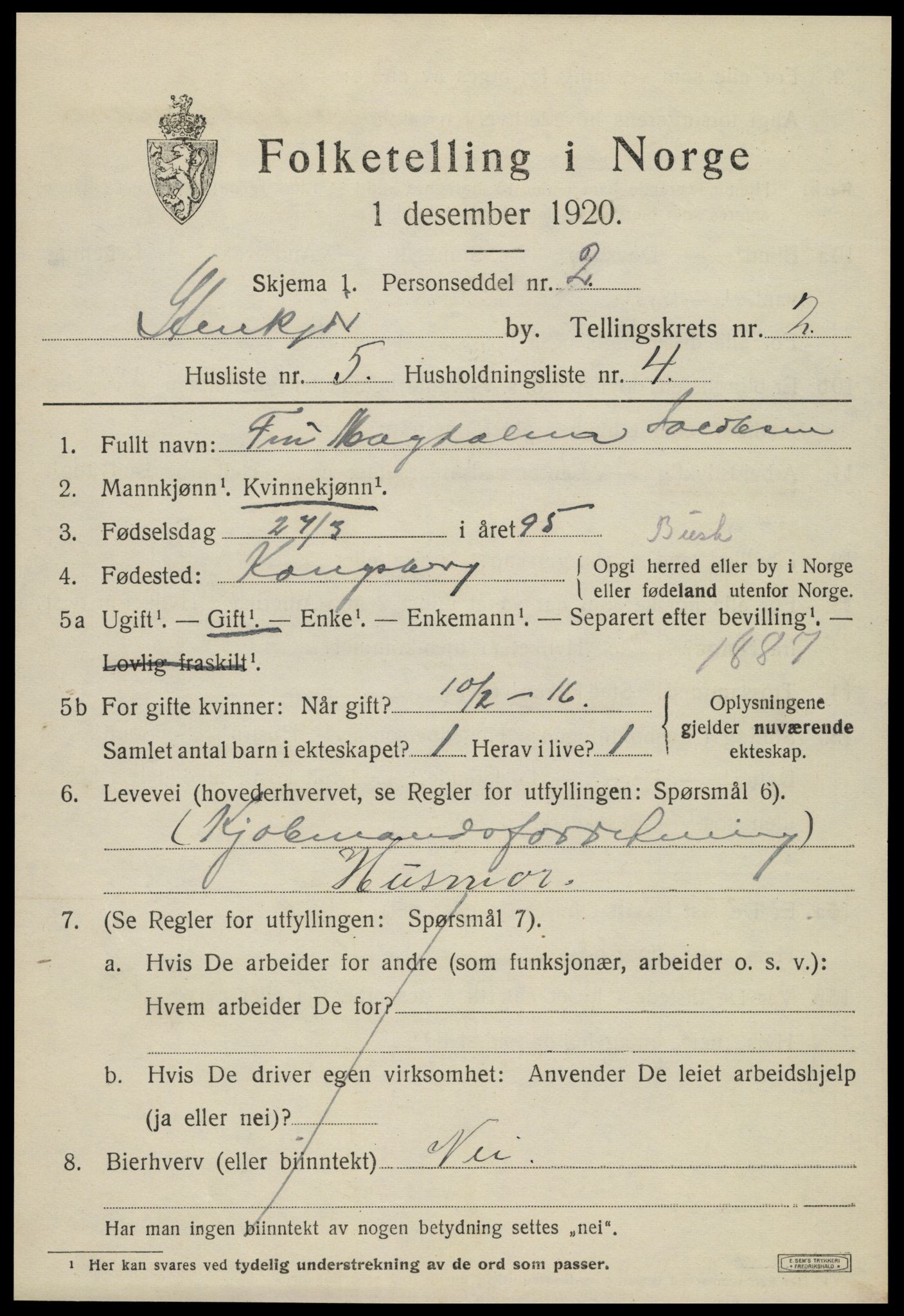 SAT, 1920 census for Steinkjer, 1920, p. 4224