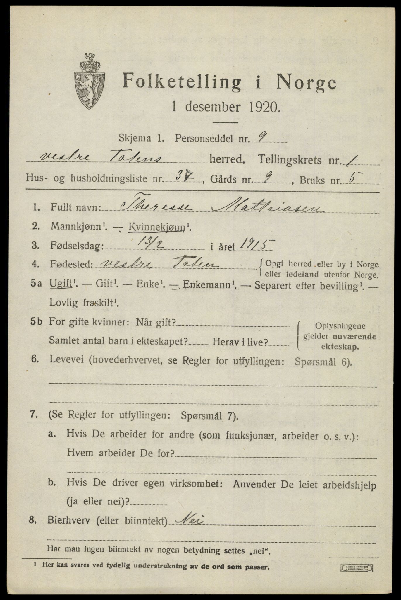 SAH, 1920 census for Vestre Toten, 1920, p. 2298