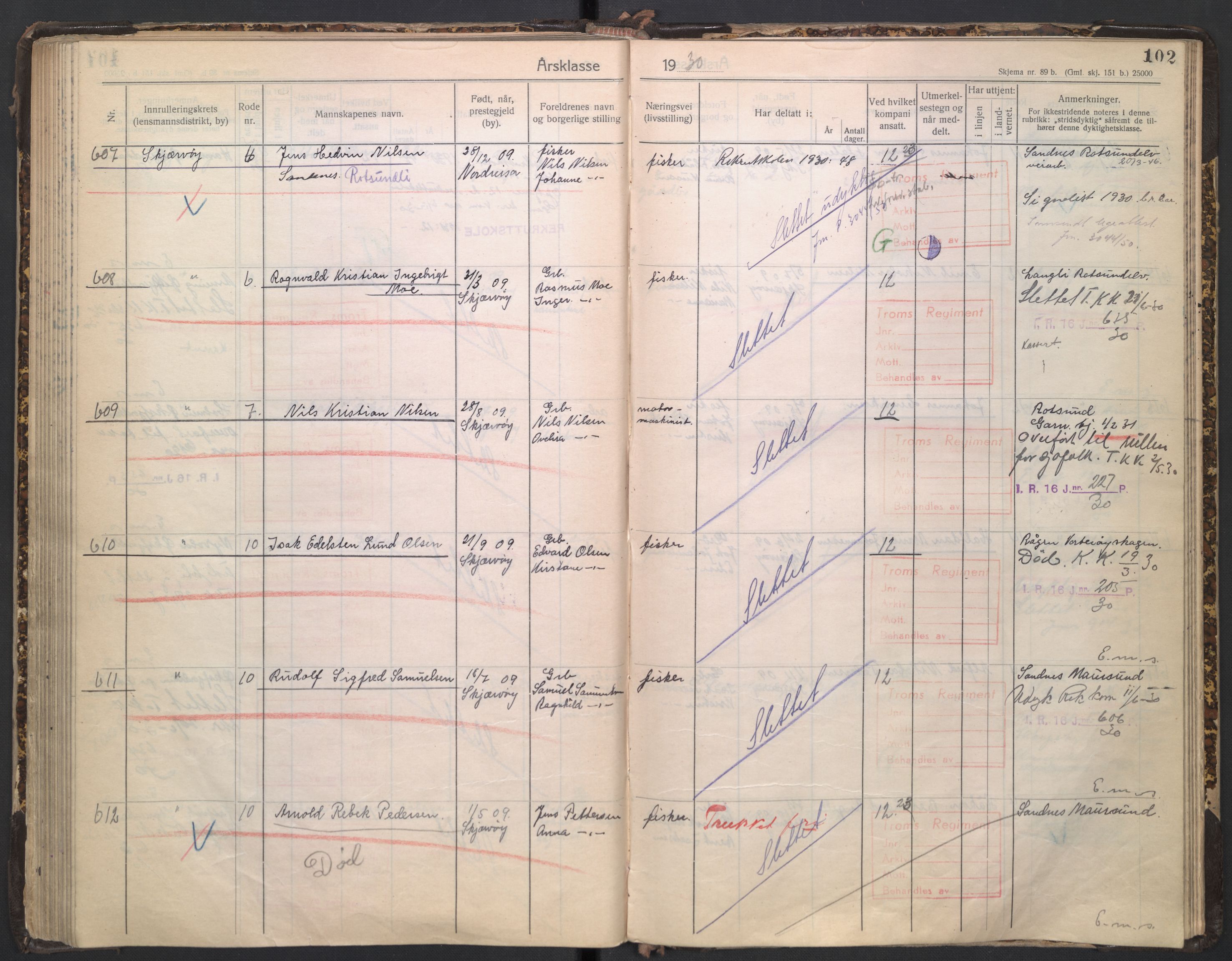 Forsvaret, Troms infanteriregiment nr. 16, AV/RA-RAFA-3146/P/Pa/L0005/0003: Ruller / Rulle for regimentets stridende menige mannskaper, årsklasse 1930, 1930, p. 102