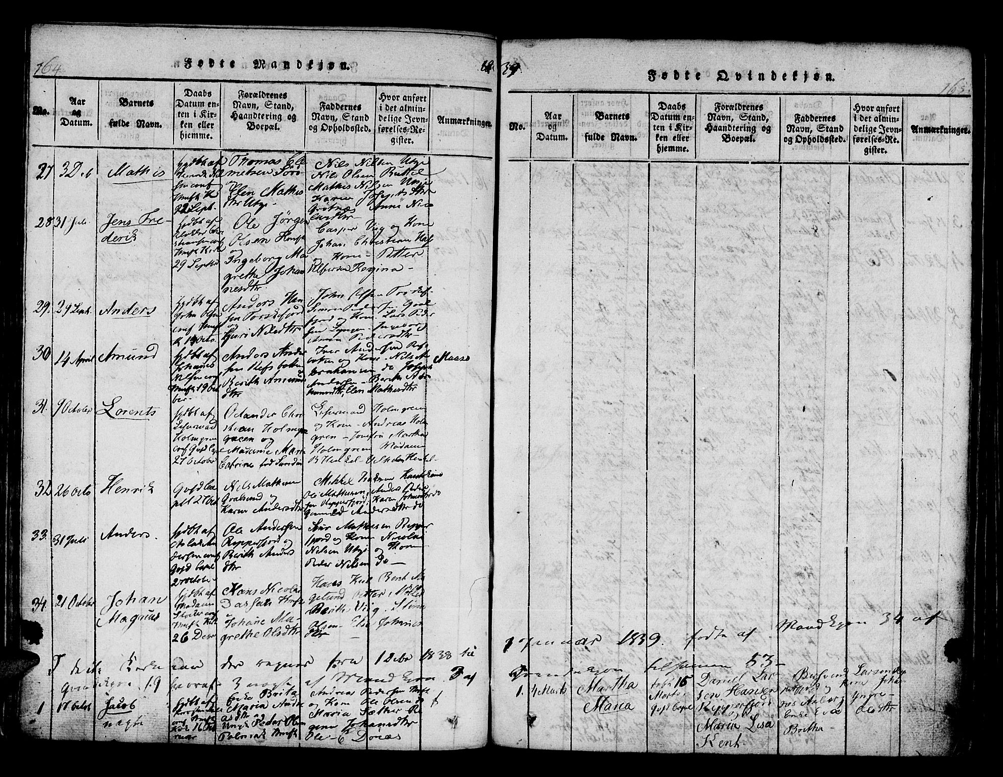 Hammerfest sokneprestkontor, SATØ/S-1347/H/Ha/L0003.kirke: Parish register (official) no. 3, 1821-1842, p. 164-165
