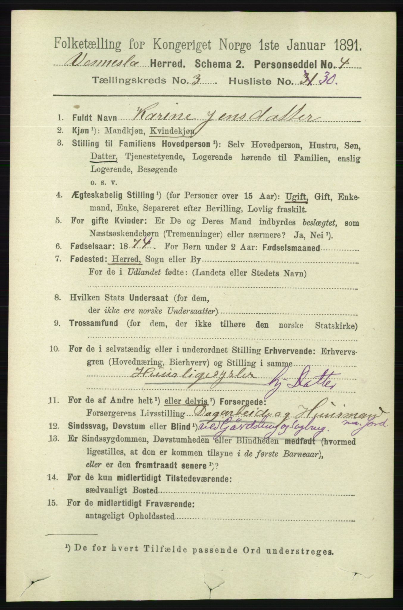 RA, 1891 census for 1014 Vennesla, 1891, p. 827