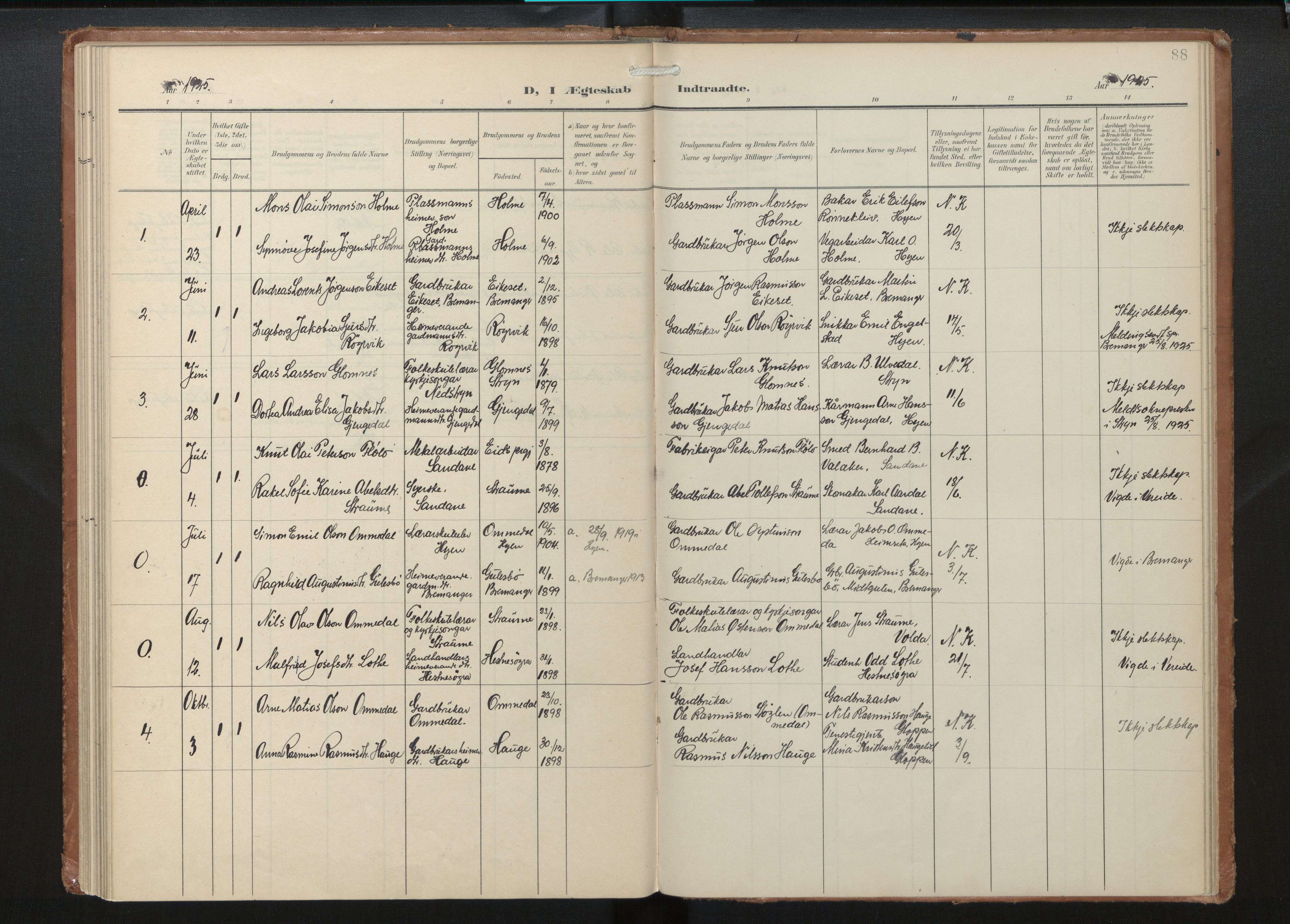 Gloppen sokneprestembete, SAB/A-80101/H/Haa/Haae/L0002: Parish register (official) no. E 2, 1904-1925, p. 87b-88a