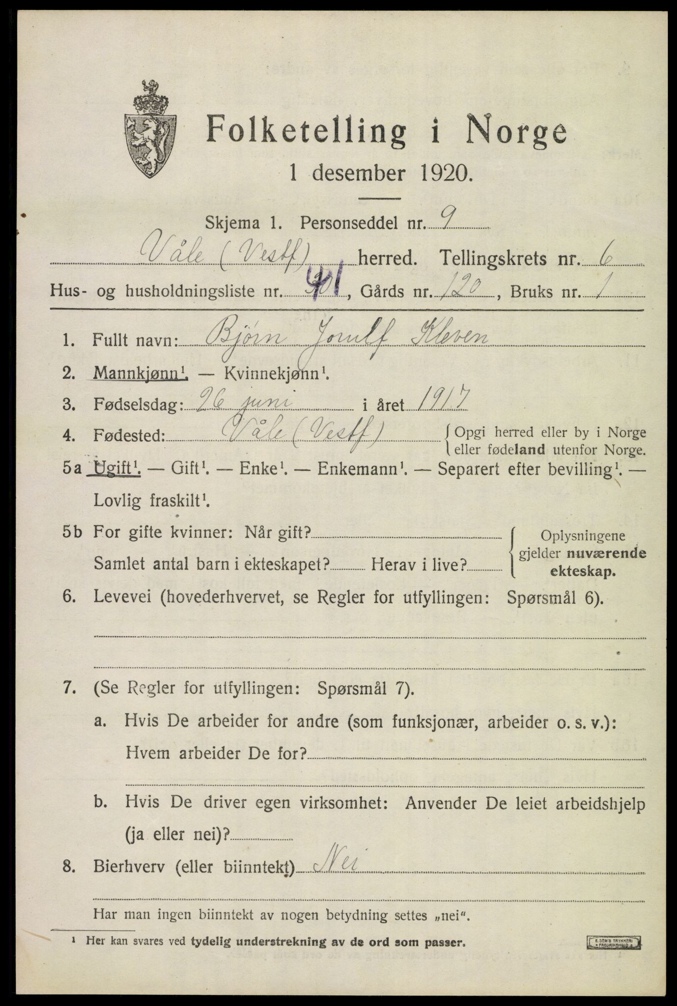 SAKO, 1920 census for Våle, 1920, p. 5392