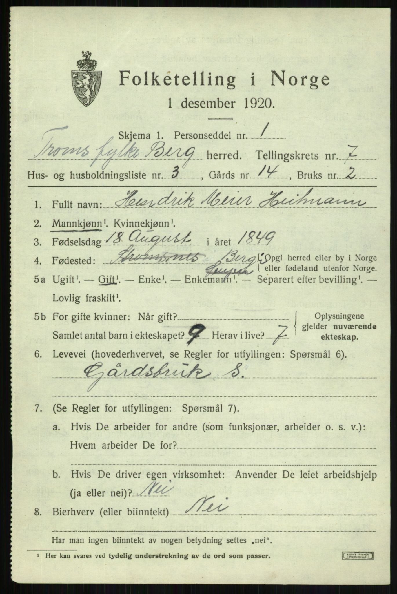 SATØ, 1920 census for Berg, 1920, p. 2444