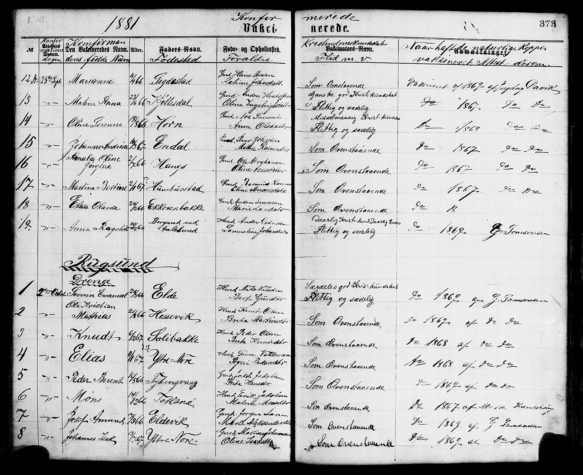 Davik sokneprestembete, AV/SAB-A-79701/H/Haa/Haaa/L0006: Parish register (official) no. A 6, 1867-1881, p. 373
